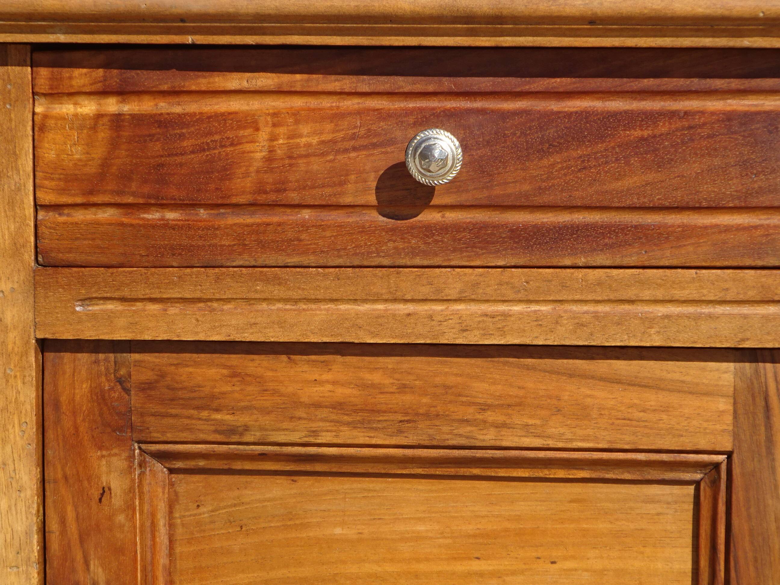 Antique Louis XVI style bedside table in walnut, with a marble top.