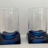 4 blue crystal glasses with rectangular base