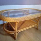 Vintage wicker coffee table and transparent glass tray