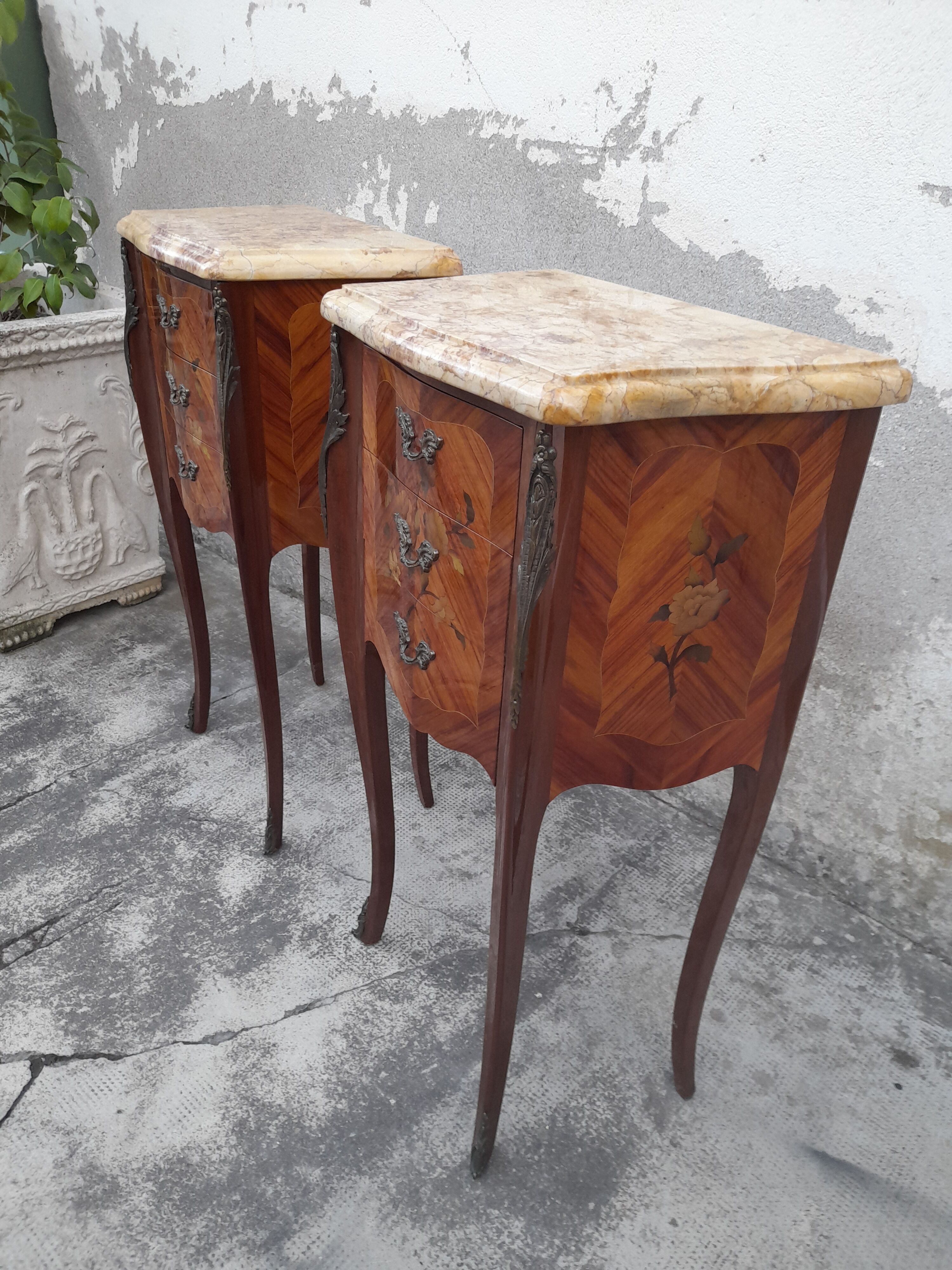 Pair of Louis XV style bedside tables in Marquetry