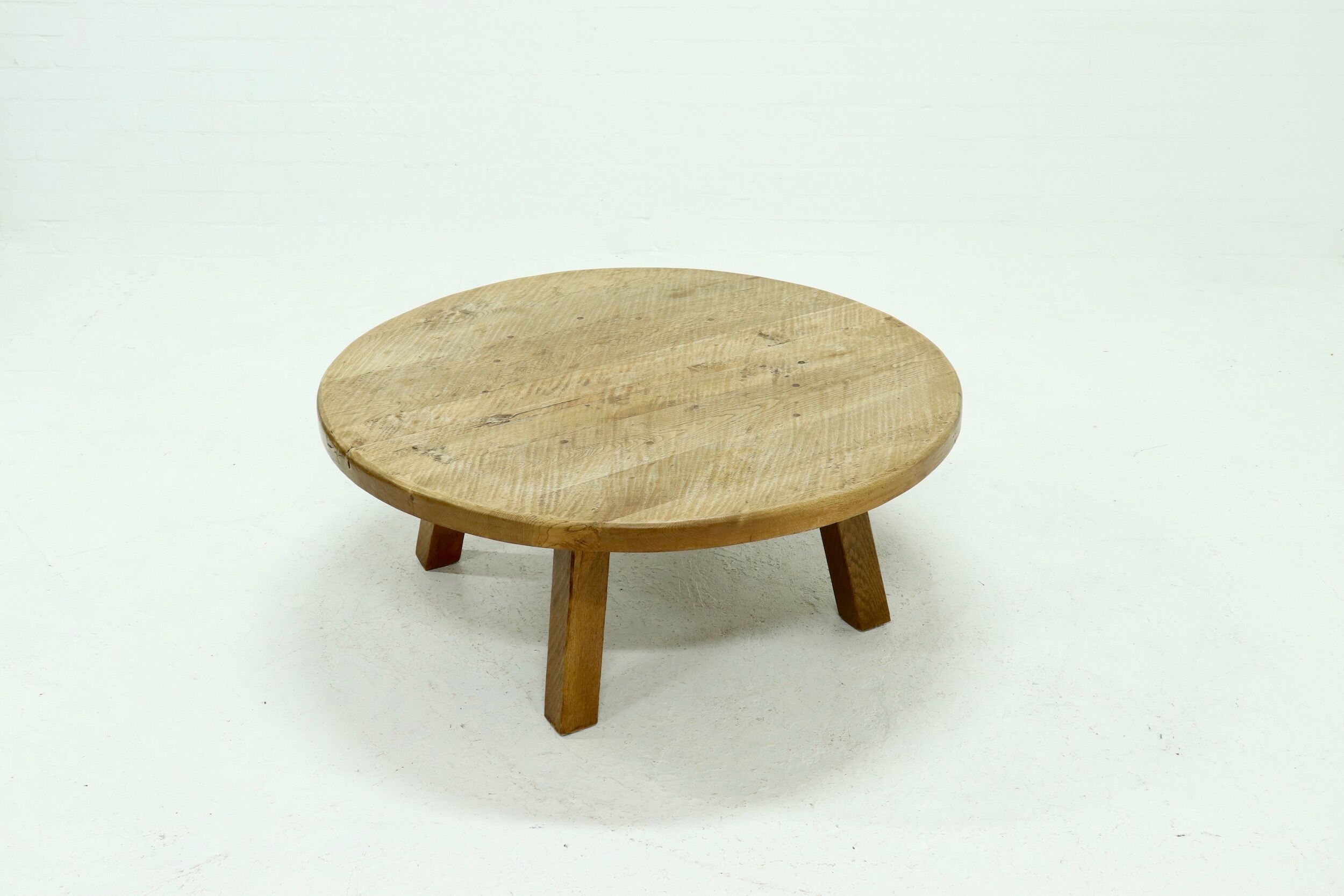 Brutalist Solid Oak Round Coffee Table 1970s