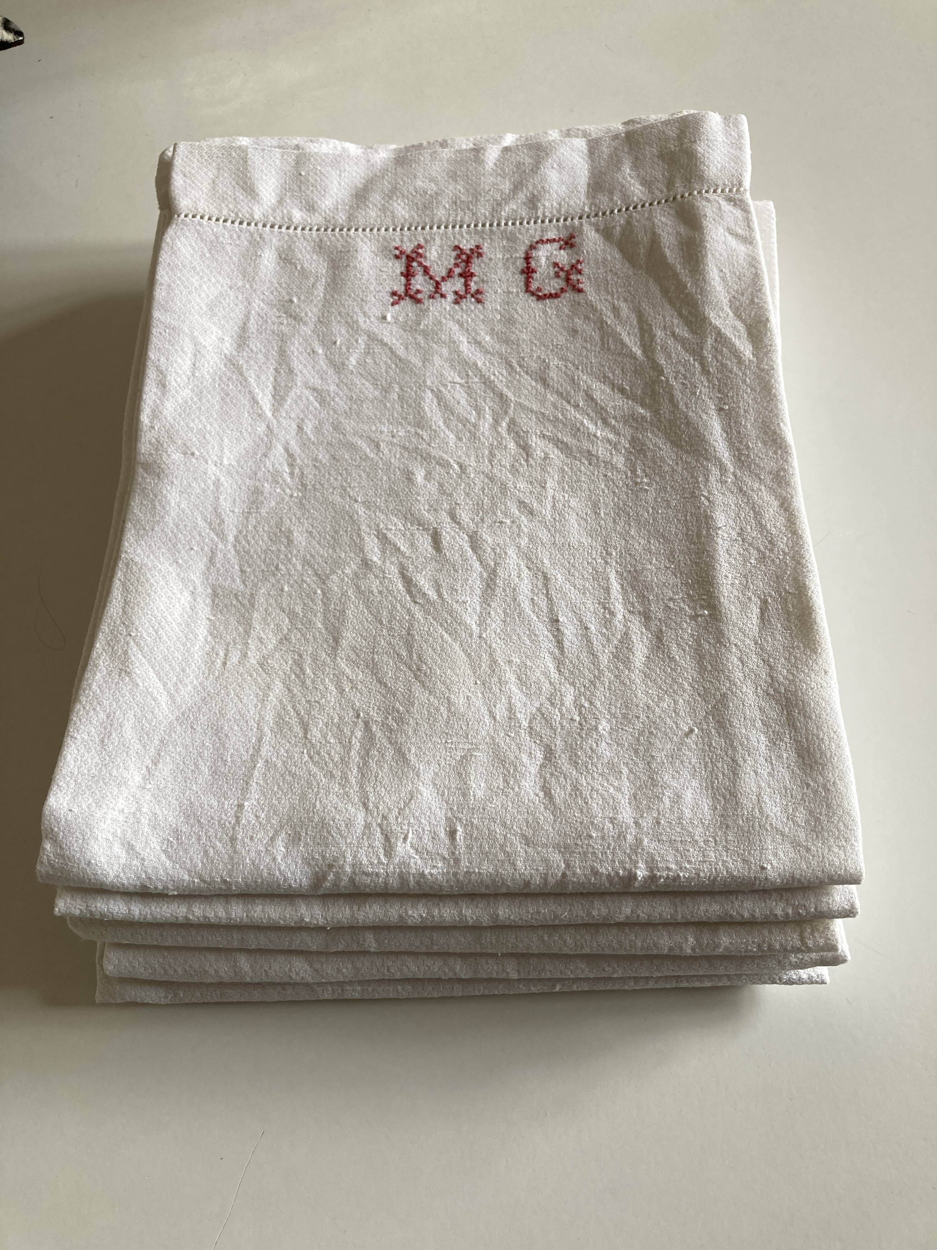 Set of 6 spare towels bathroom 1930 in linen caviar embroidered MG