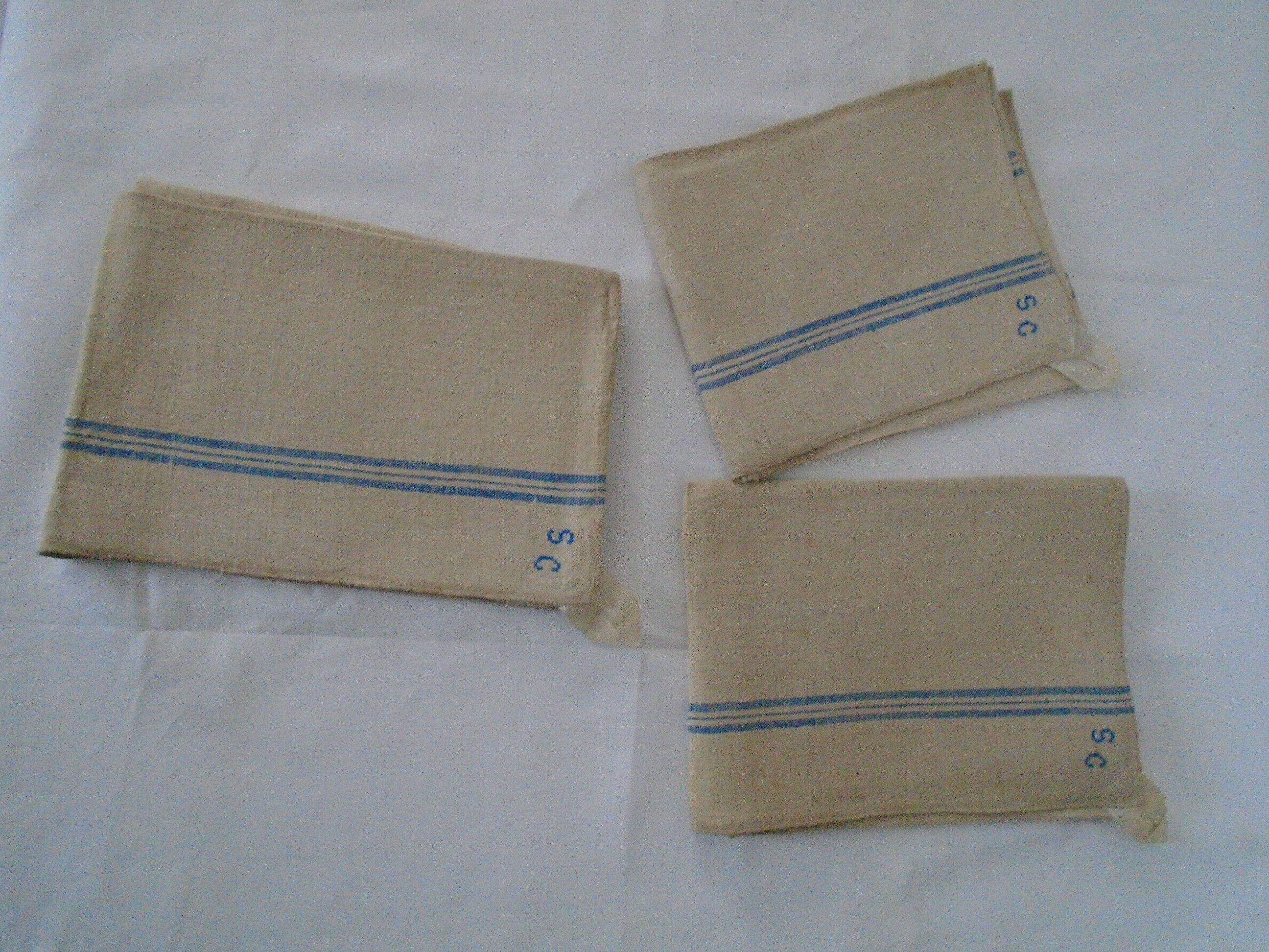 3 Old linen torchons blue stripes