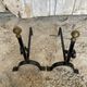 Paire de Chenets Cheminée Fer Forgé Volutes + Têtes Boule Laiton Vinta