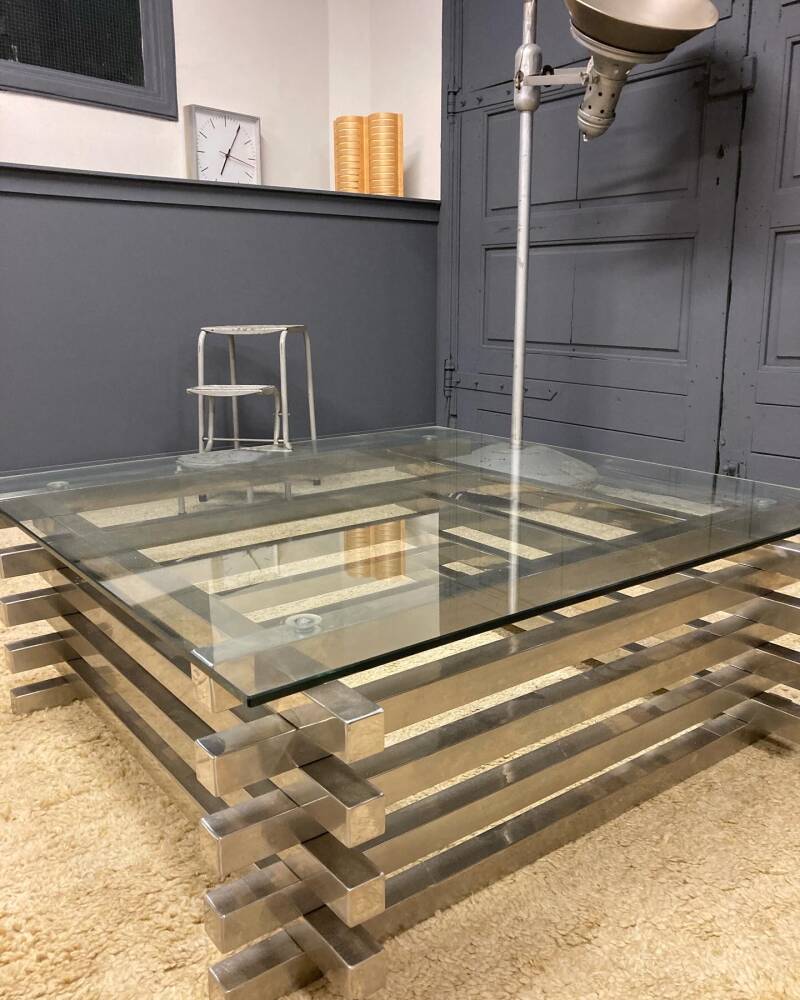 Polished stainless steel coffee table - Italian '70s style
