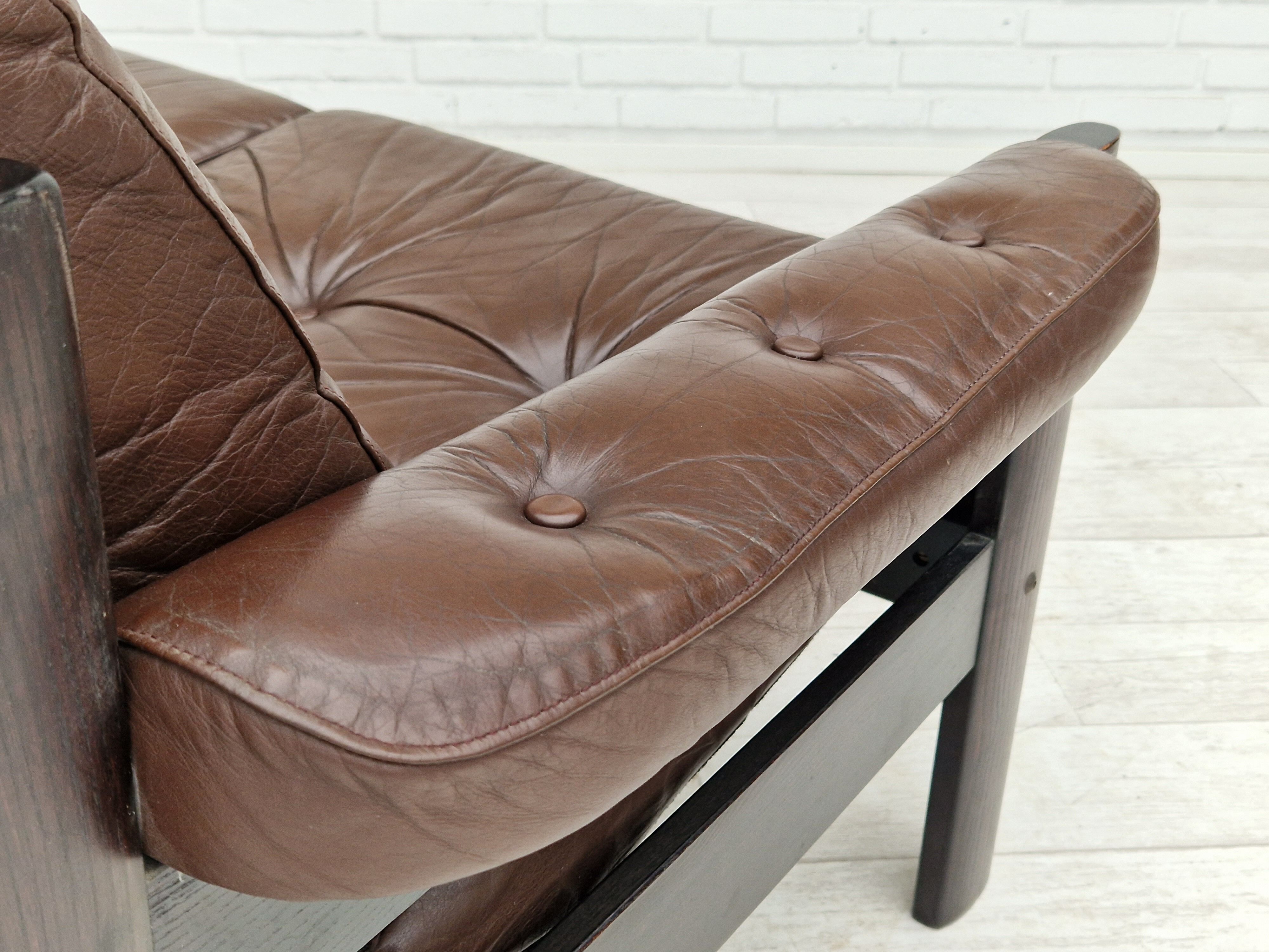 Scandinavian 2-seater sofa, original brown leather, 70s