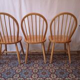 3 chaises style Ercol Windsor orme vintage 1980