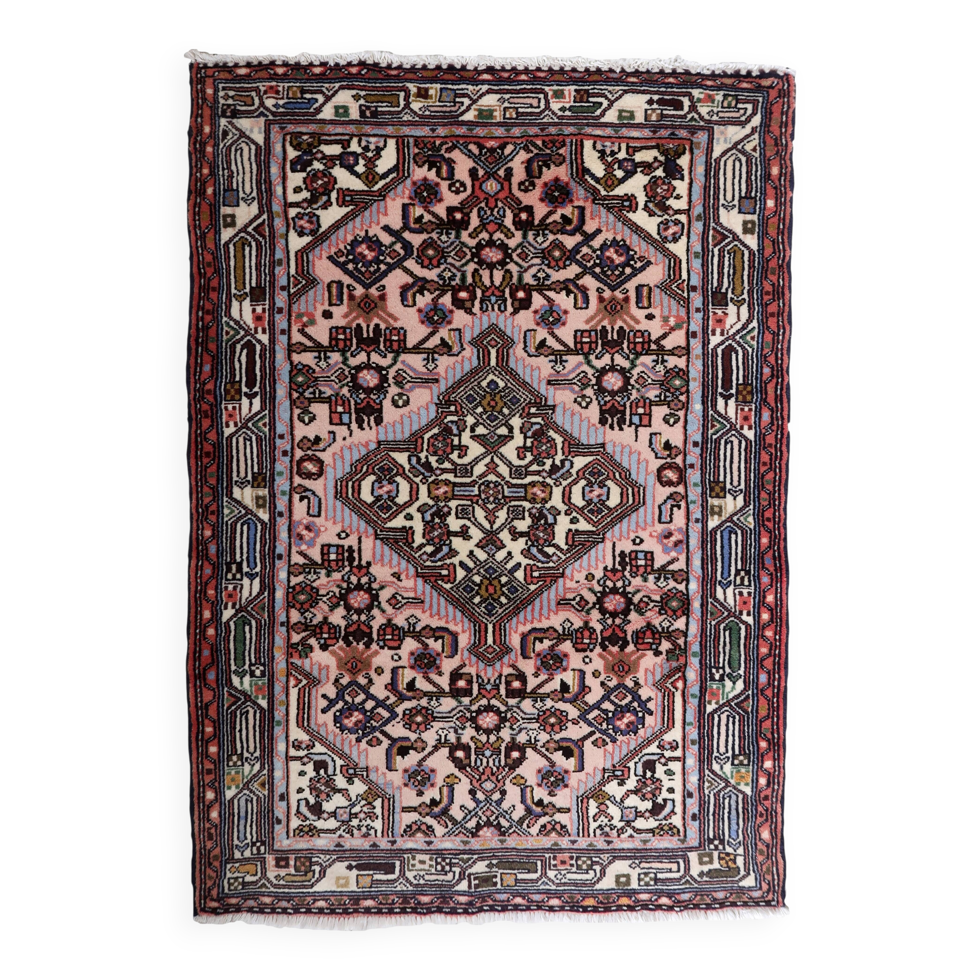 Tapis vintage Malayer fait main 84x120 cm en laine rose et vert - 1C1047