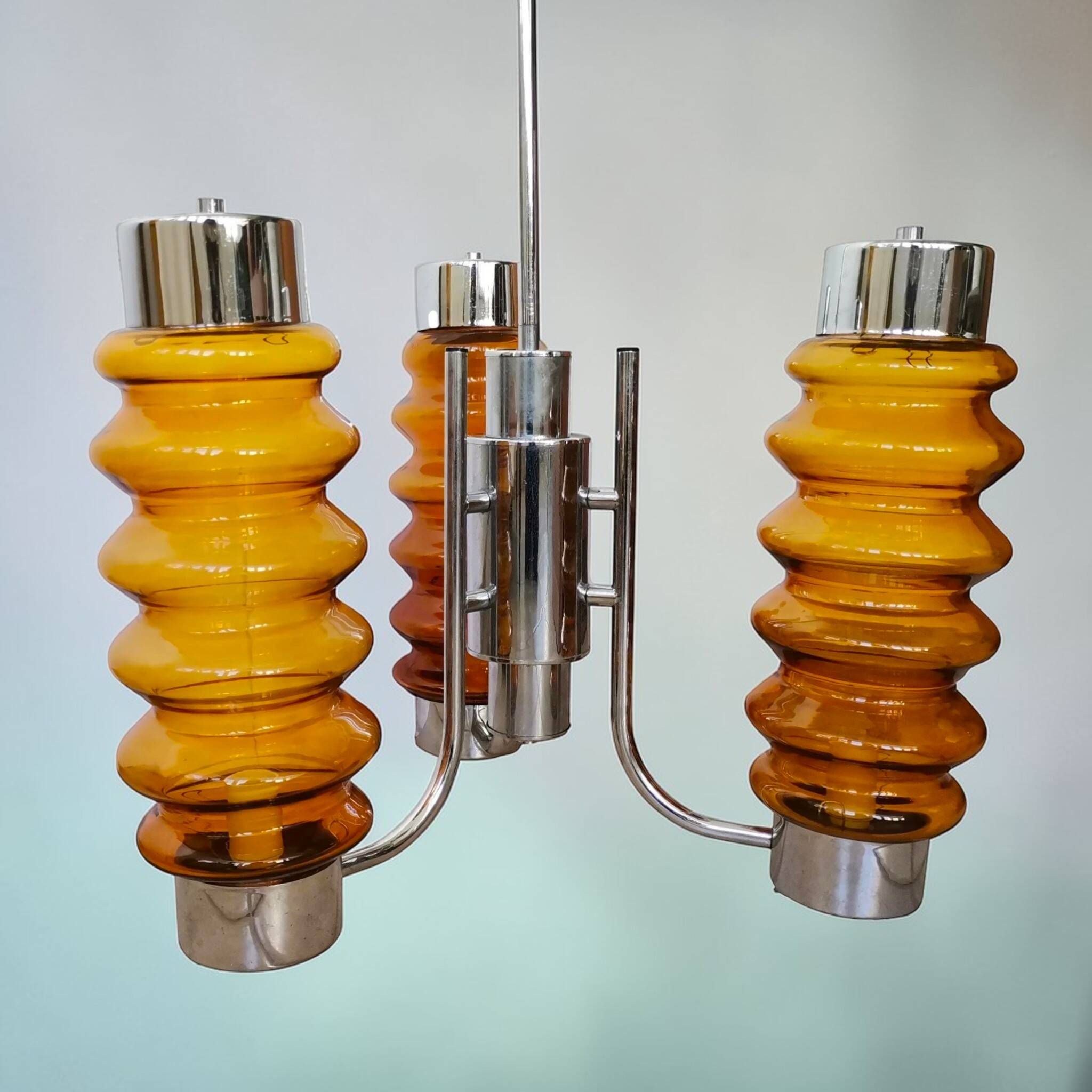 Mid Century Modern large chandelier with amber glass