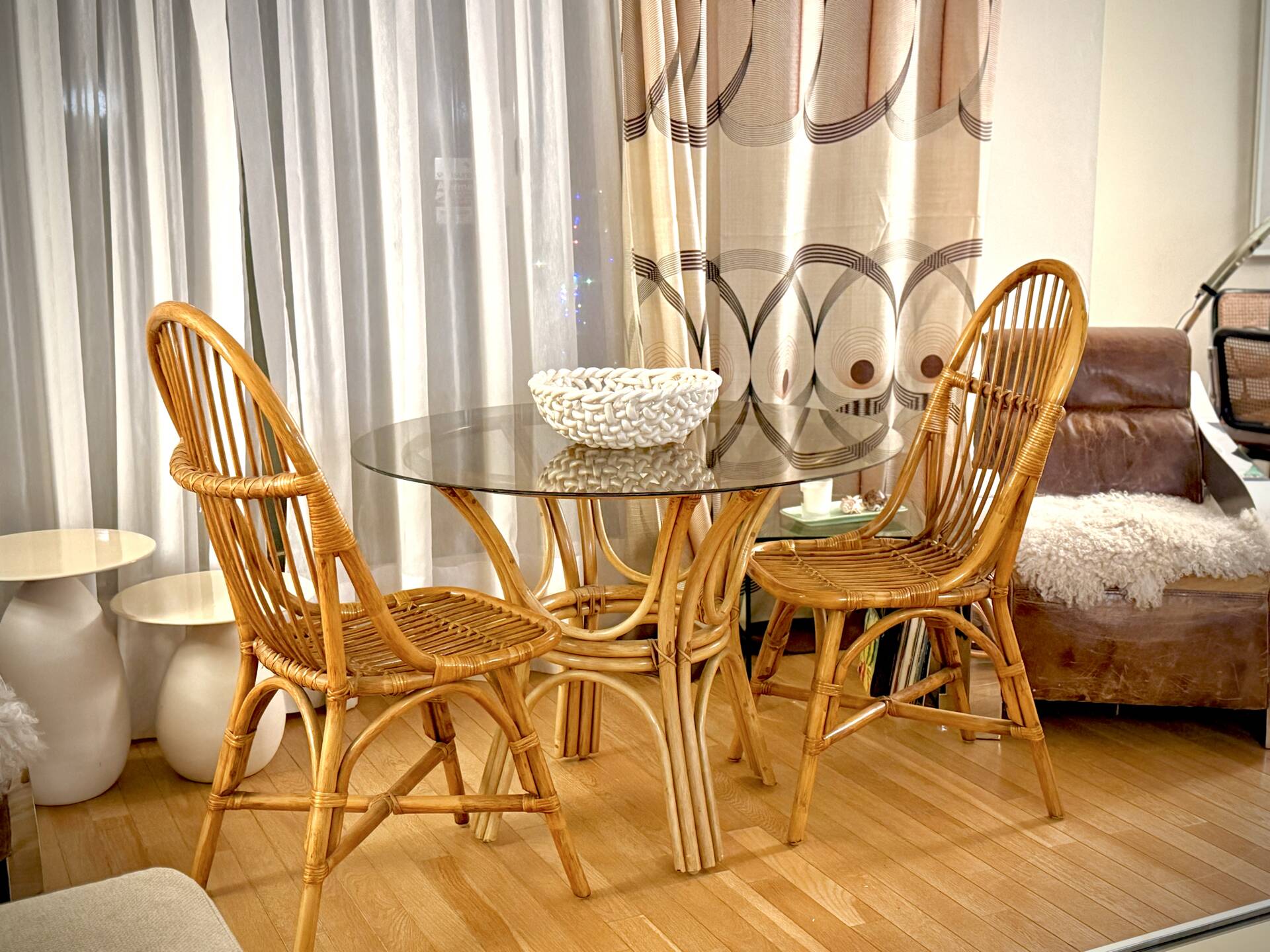 Smoked glass rattan table + chairs
