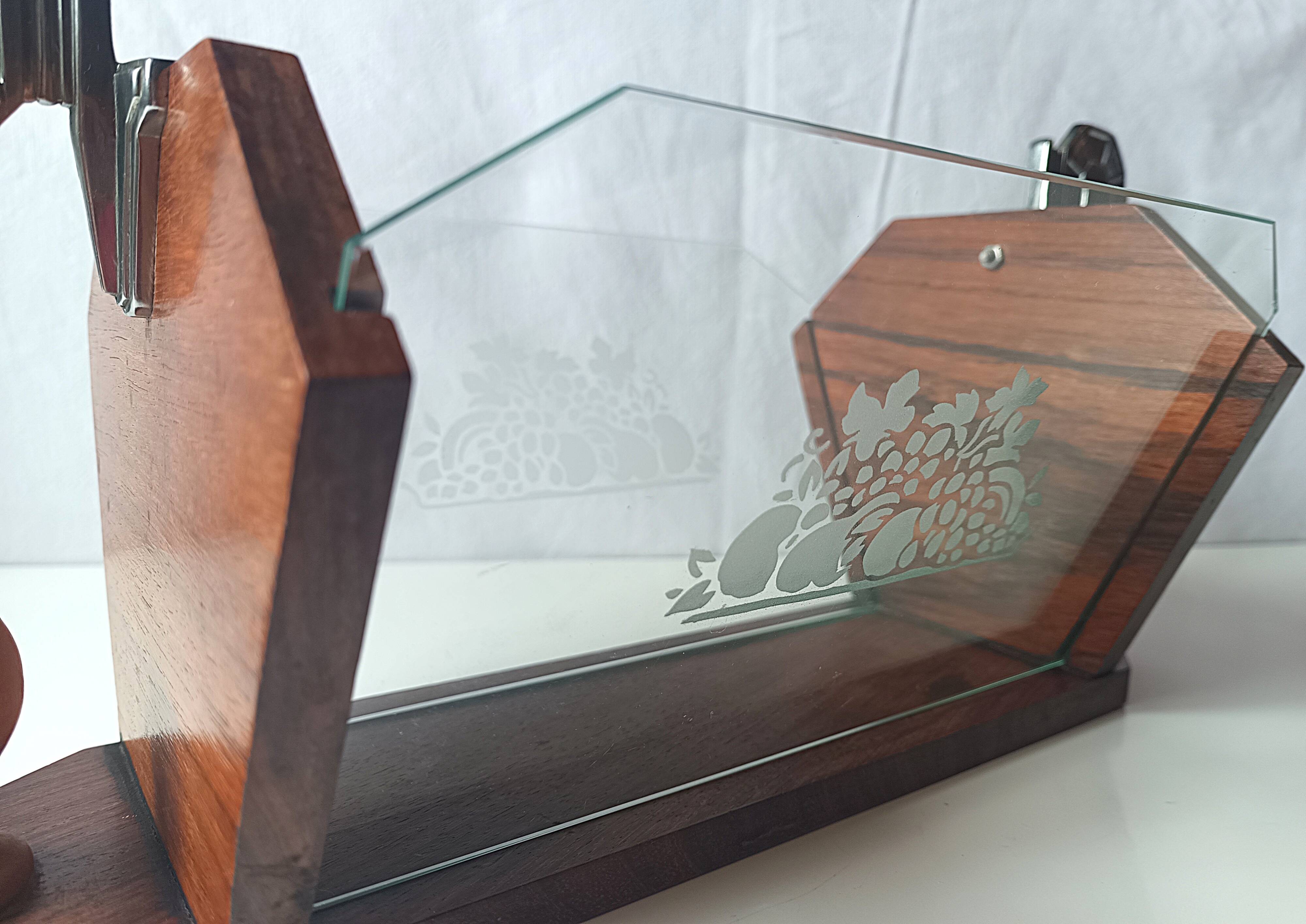 Vintage Art Deco magazine rack wood glass engraved storage furniture