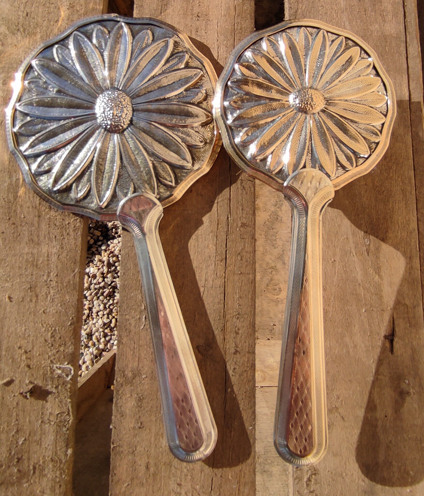 Vintage hand mirror set and silver metal brush