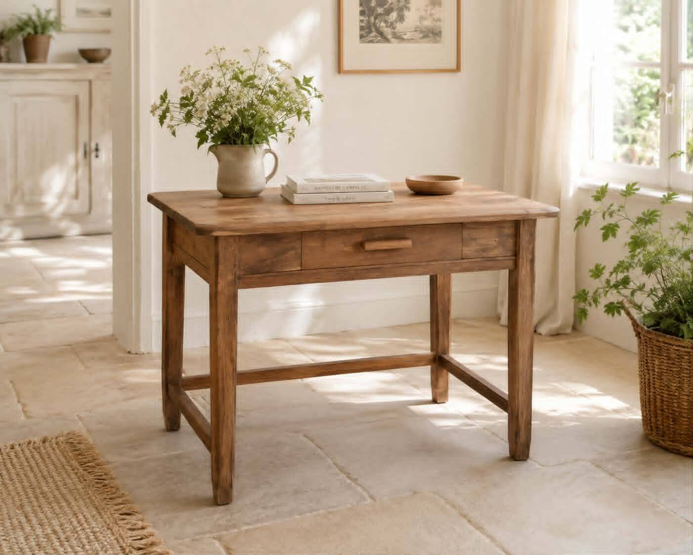 Square farmhouse table in solid oak.