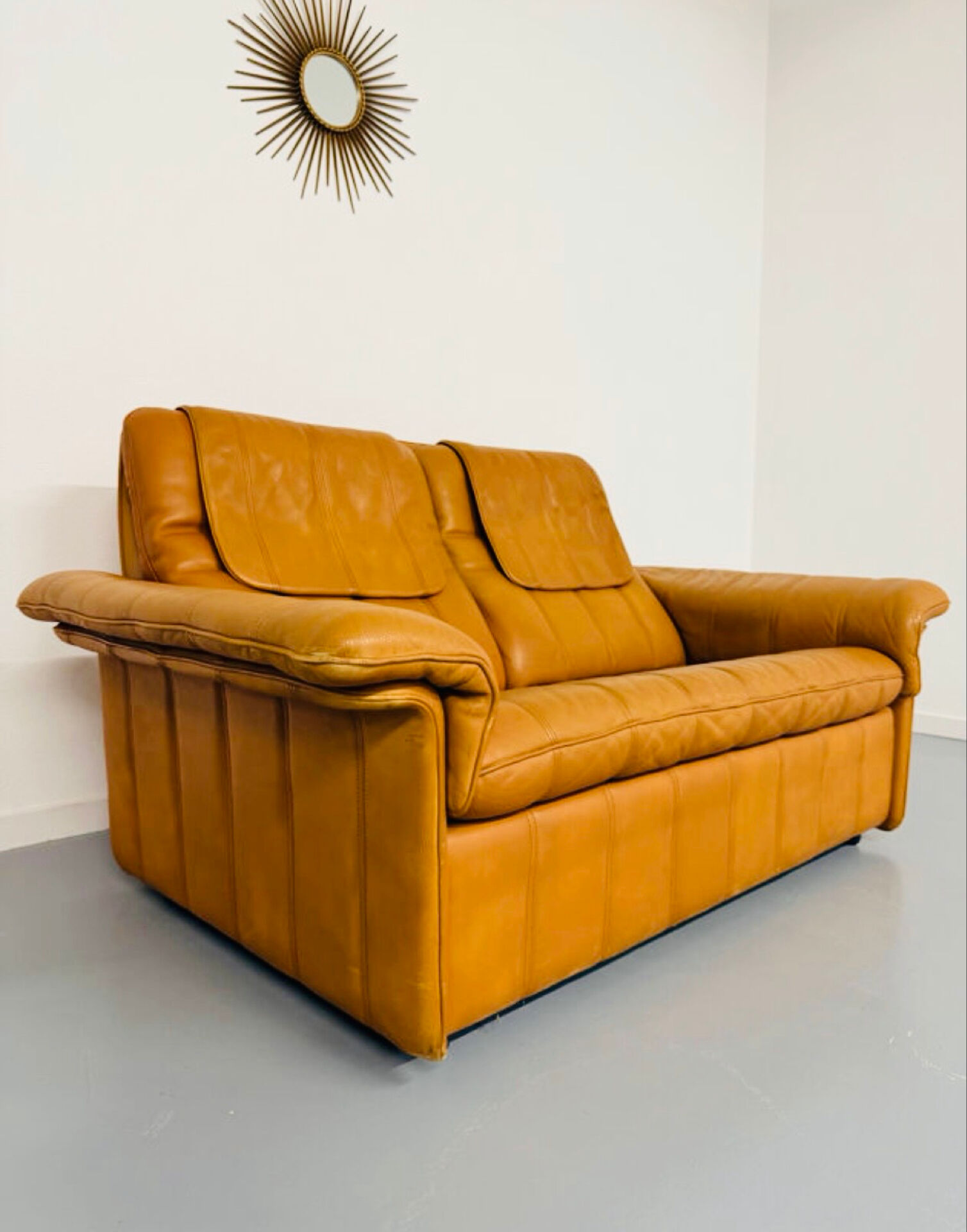 Vintage 70s thick cognac leather 2-seater sofa by De Sede.