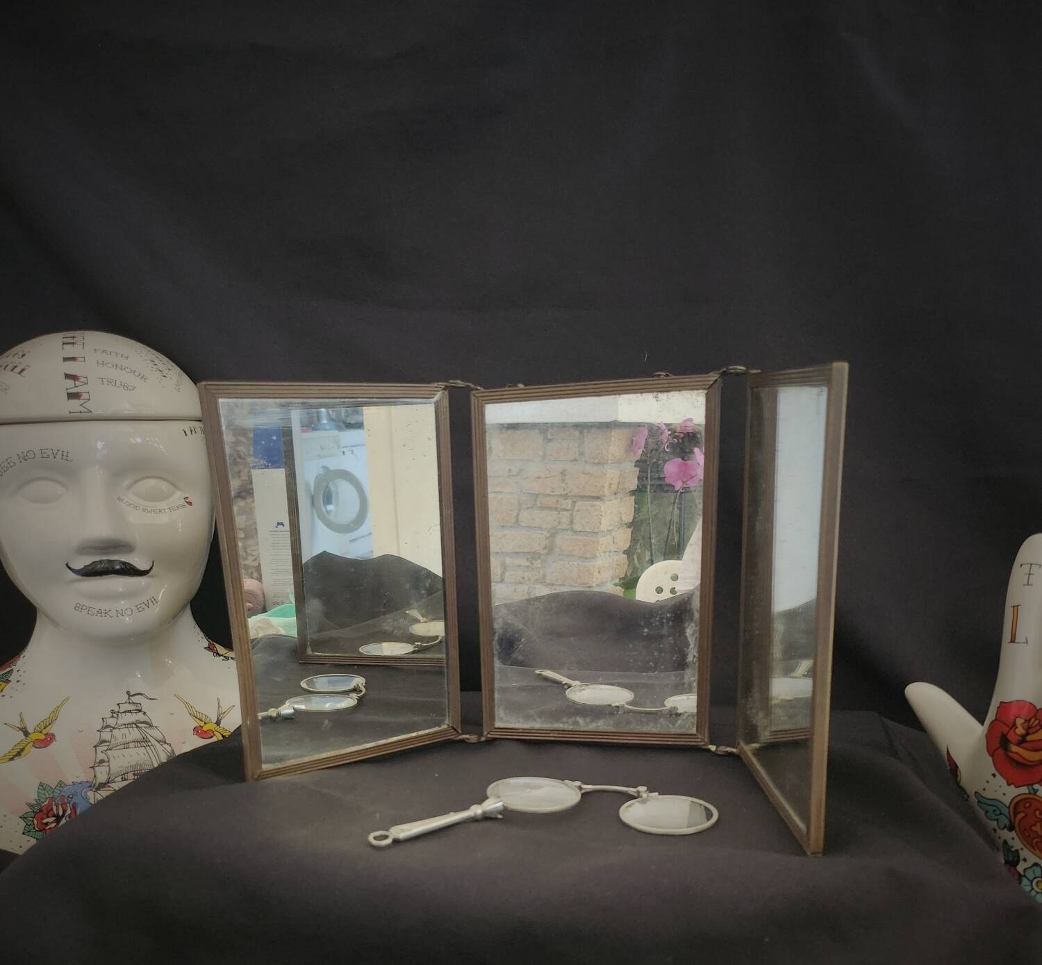 Antique barber-style triptych mirror