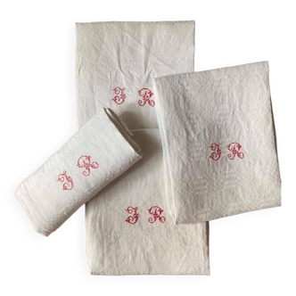 4 large damask tea towels JR monogram cross stitch.