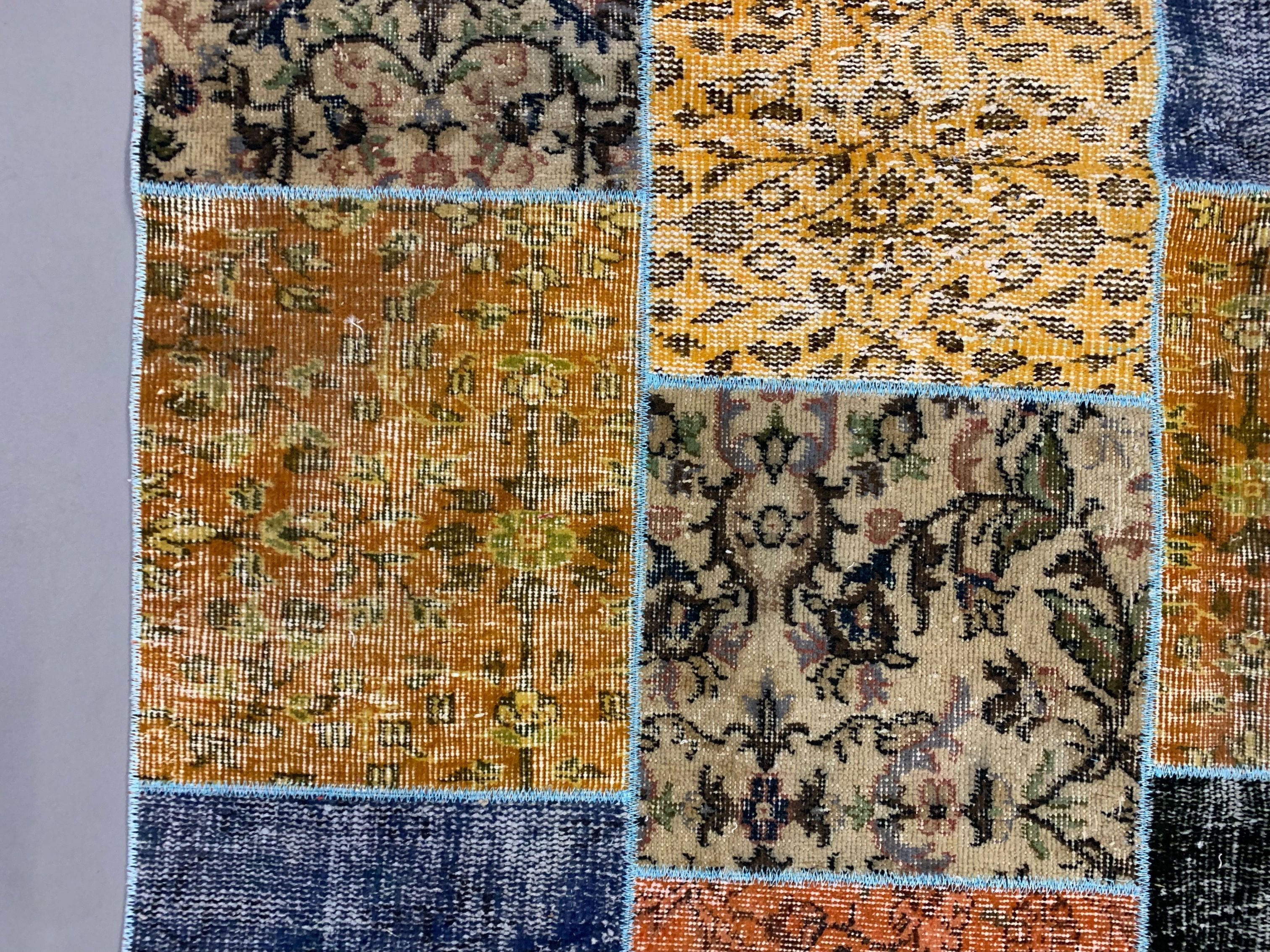 Distressed vintage turkish patchwork rug 218x150 cm wool medium