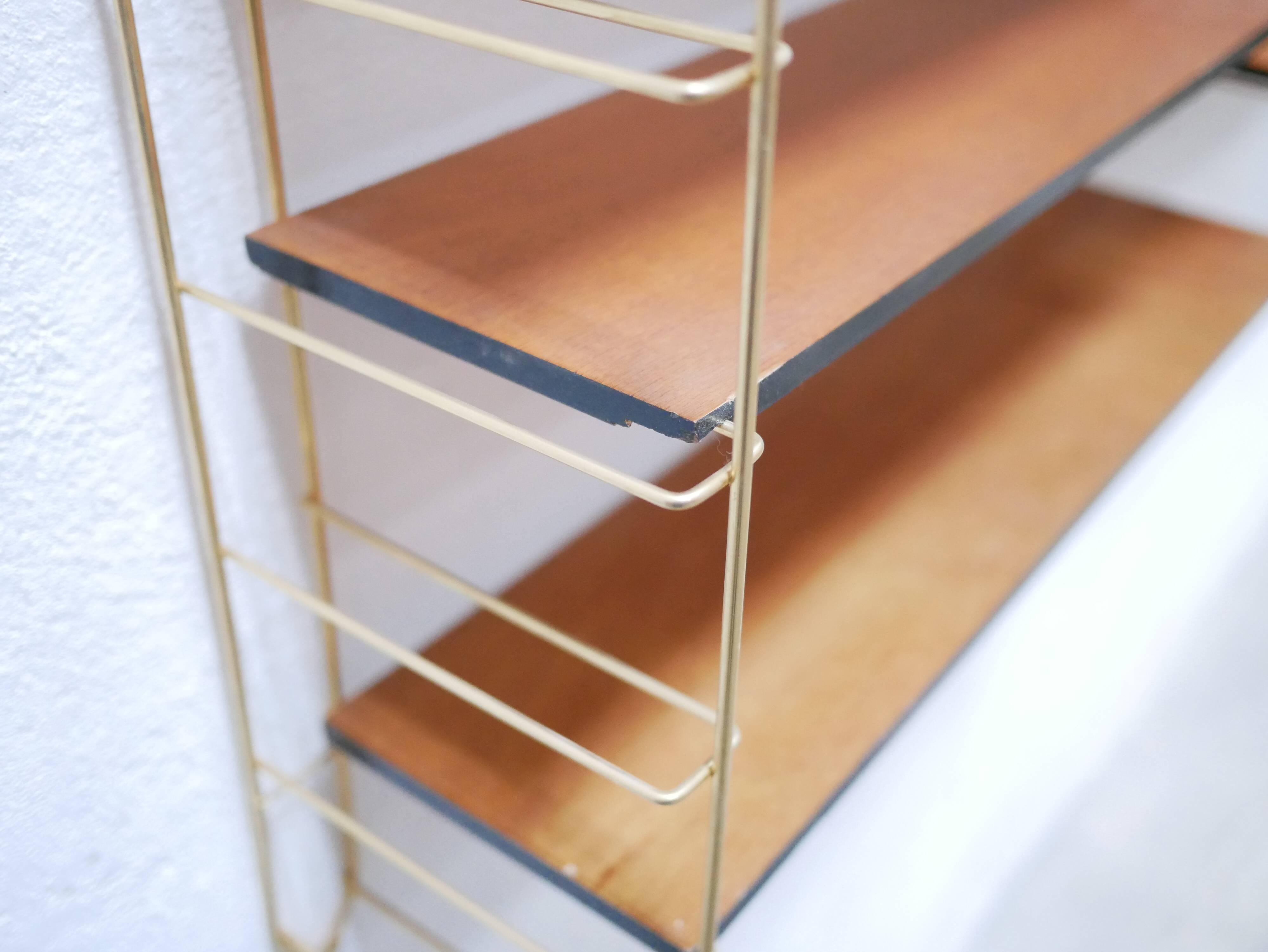 Vintage modular wall shelf in brass and wood