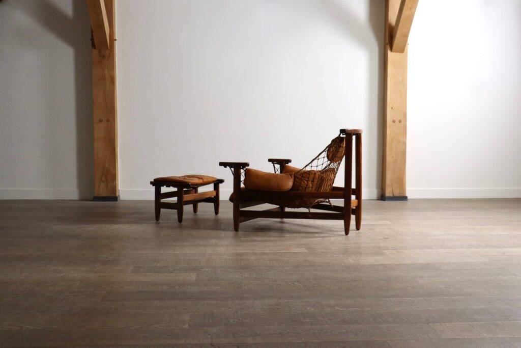 Jangada lounge chair with ottoman in cognac leather by Jean Gillon, Brazil, 1960s