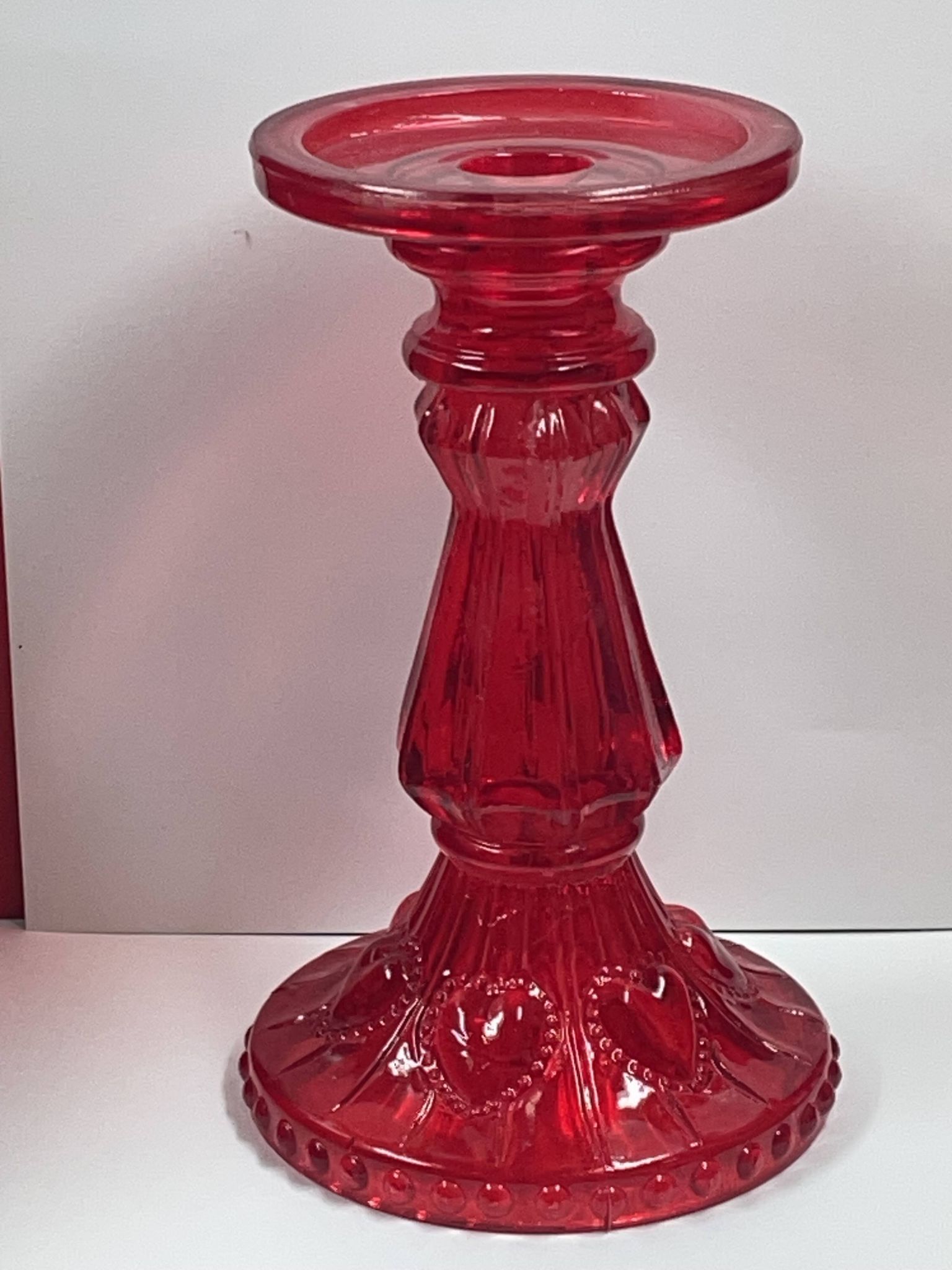 Fancy candle holder in red glass Italian style Empoli glass 18.5 cm