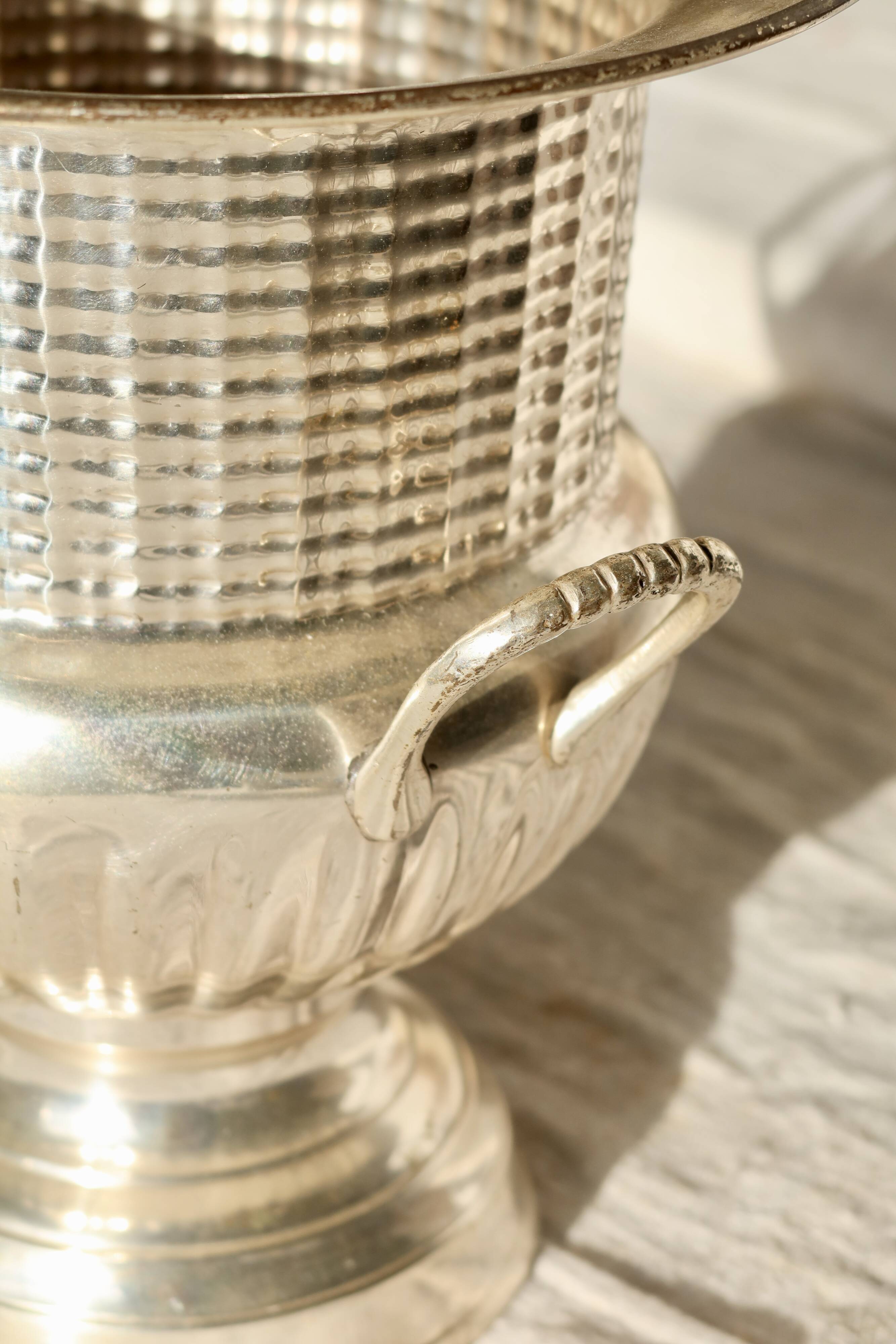 Antique silver-plated metal champagne bucket with handles