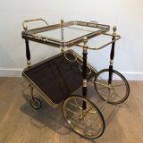 Rolling table in brass and mahogany with removable trays