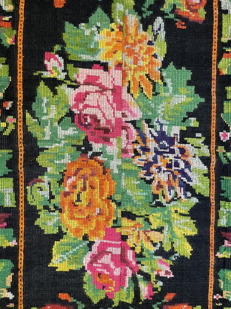 Floral handwoven carpet, colors on a black background - 262x160cm