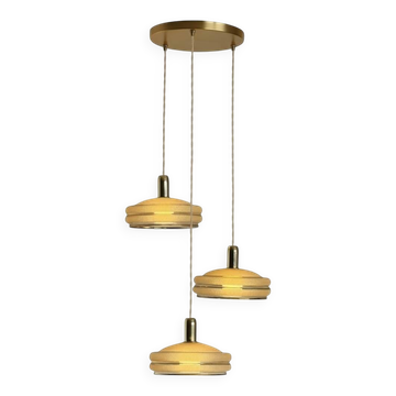 Triple suspension cascade globes vintage verre granité doré