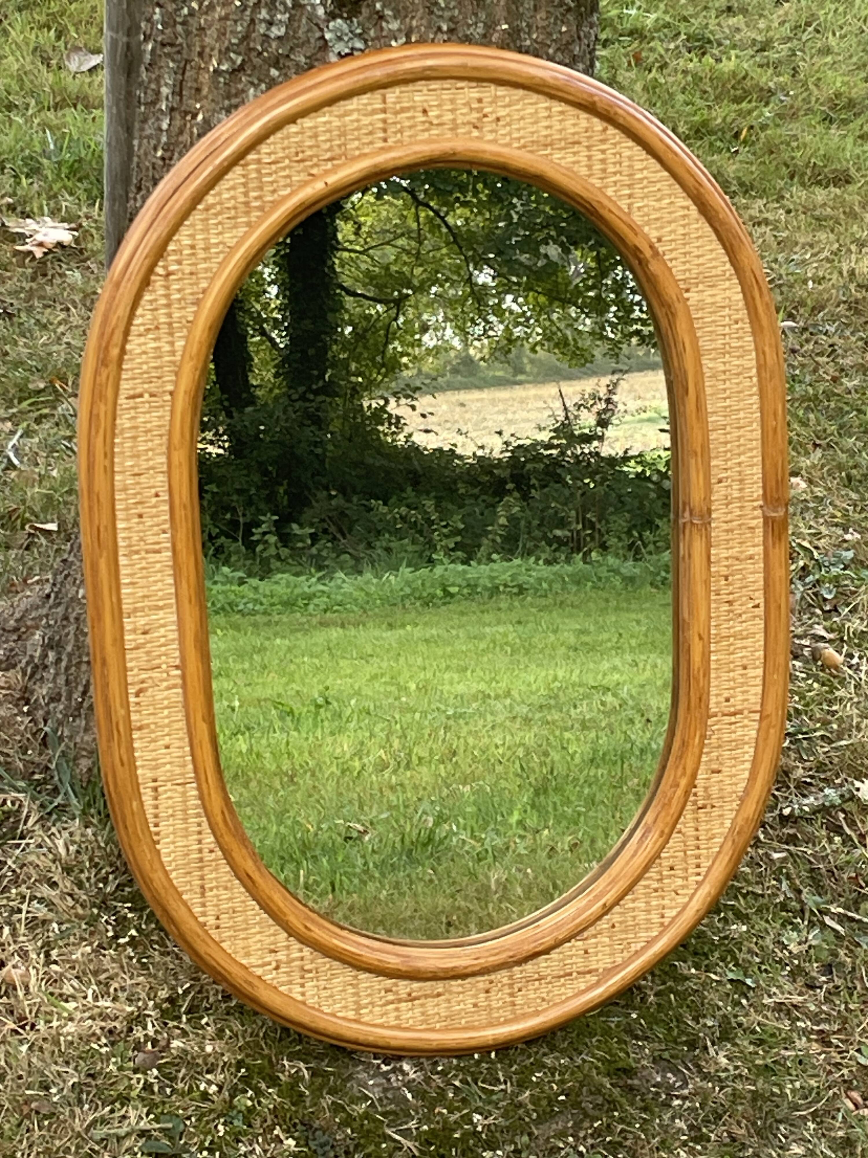 miroir mural en rotin et osier tressé, vintage 64 x 45 cm