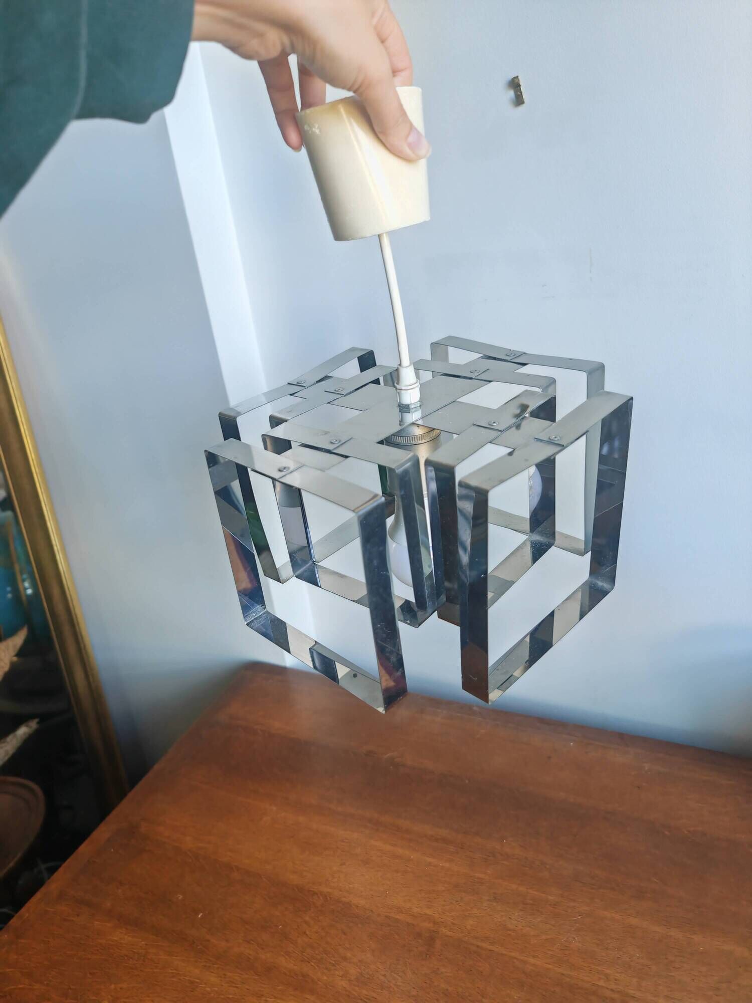 Lampe Cube Métal Chromé Vintage 70s - Style Sciolari / Rega