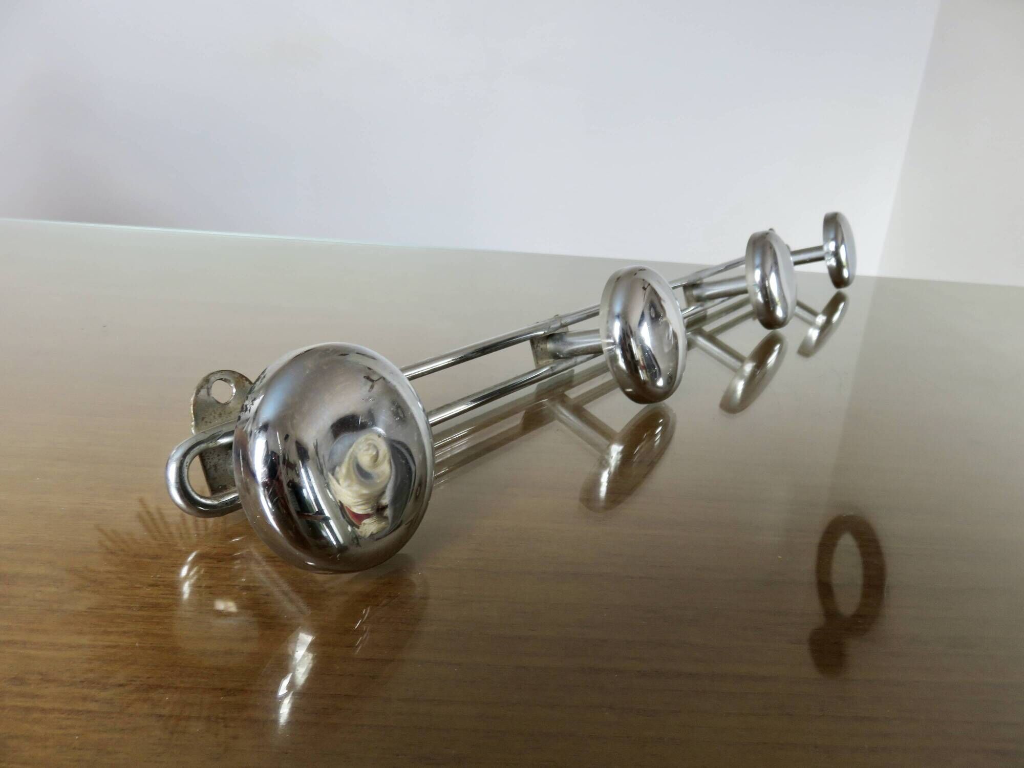 Chrome metal wall coat rack with 4 hooks, 57cm, 1970, vintage