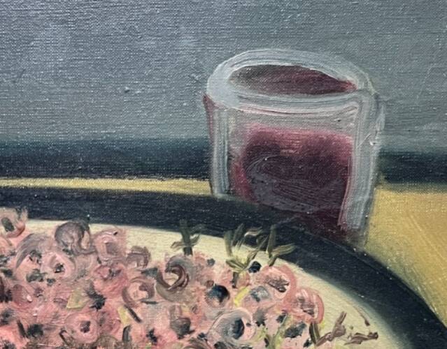 Peinture nature morte assiette de fleurs et verre à vin