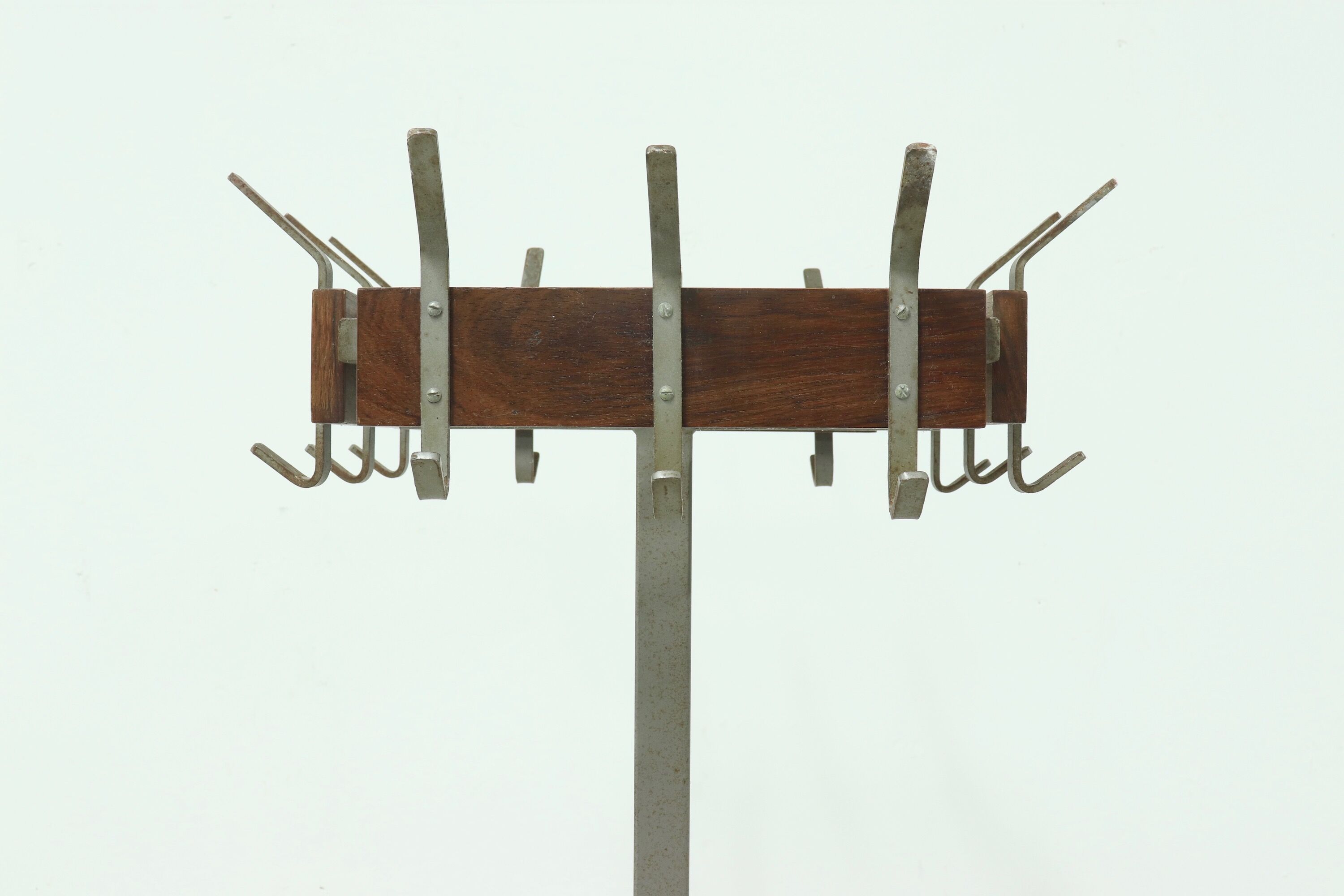 Industrial Belgium Steel and Teak Free Standing Coat Rack 1950s