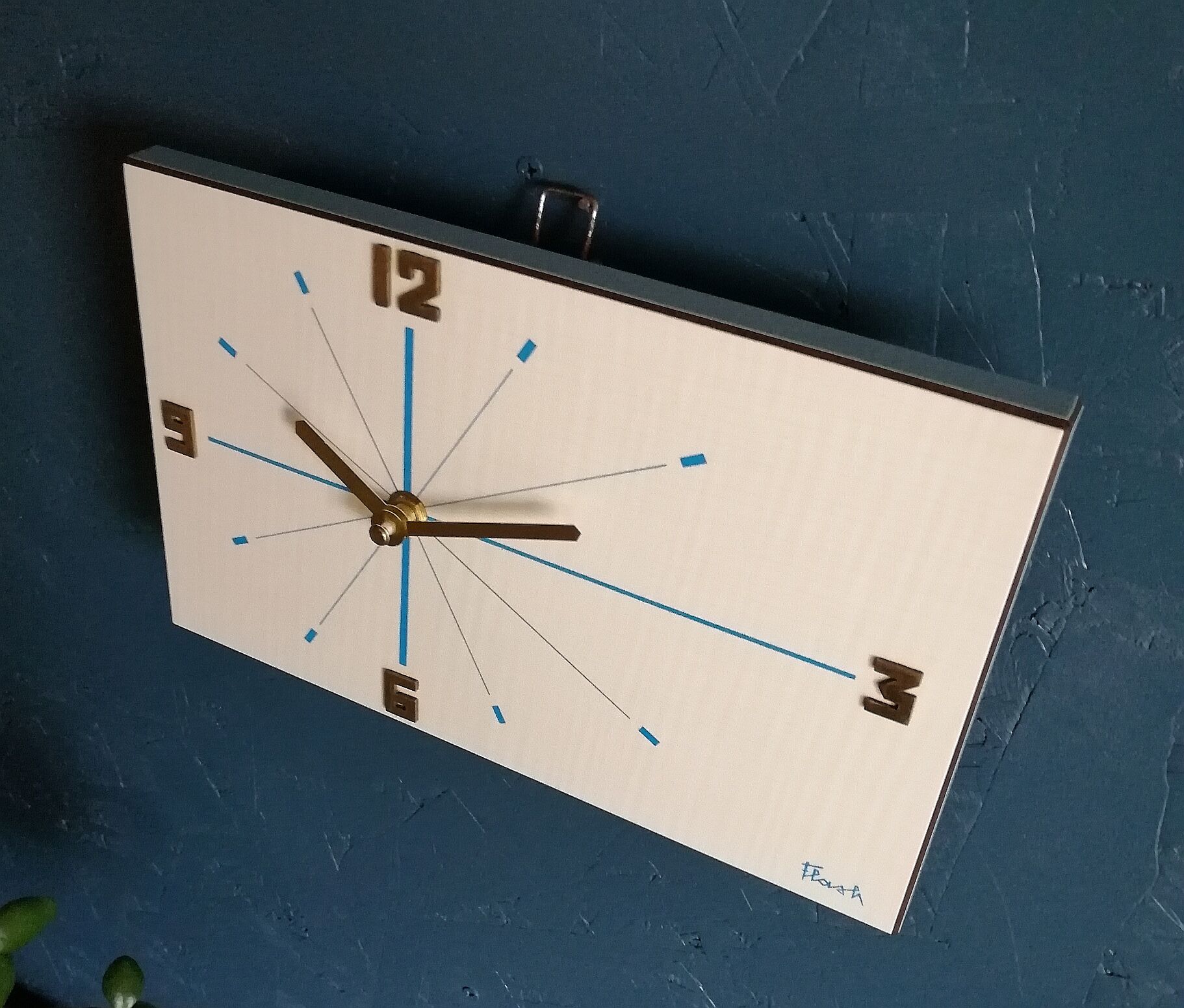 Vintage formica clock silent rectangular wall clock "Blue wood flash"