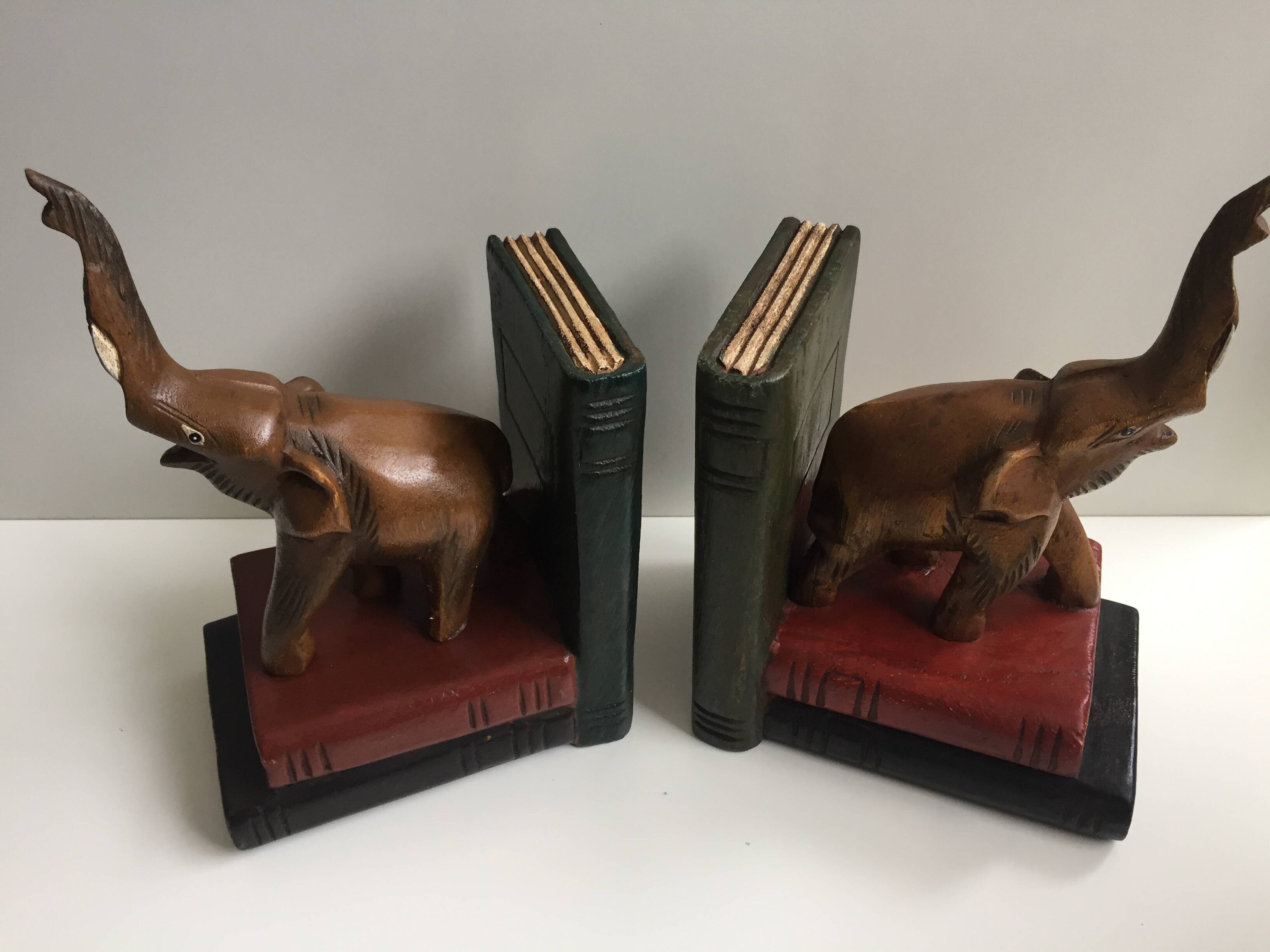 Pair of vintage carved wooden elephant bookends