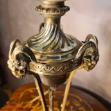 bronze lamp with a goat's head from the 19th century and a stained glass lampshade soldered with lead