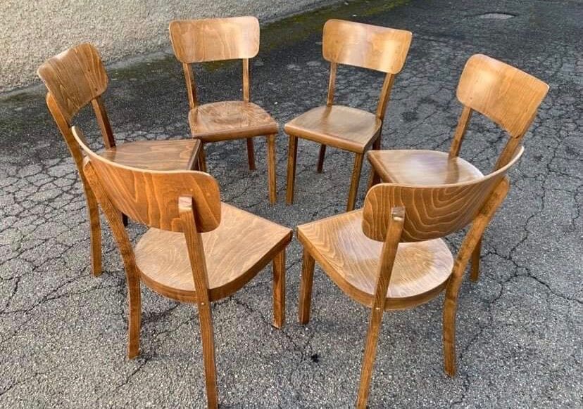 6 old lounge chairs bistro curved wood