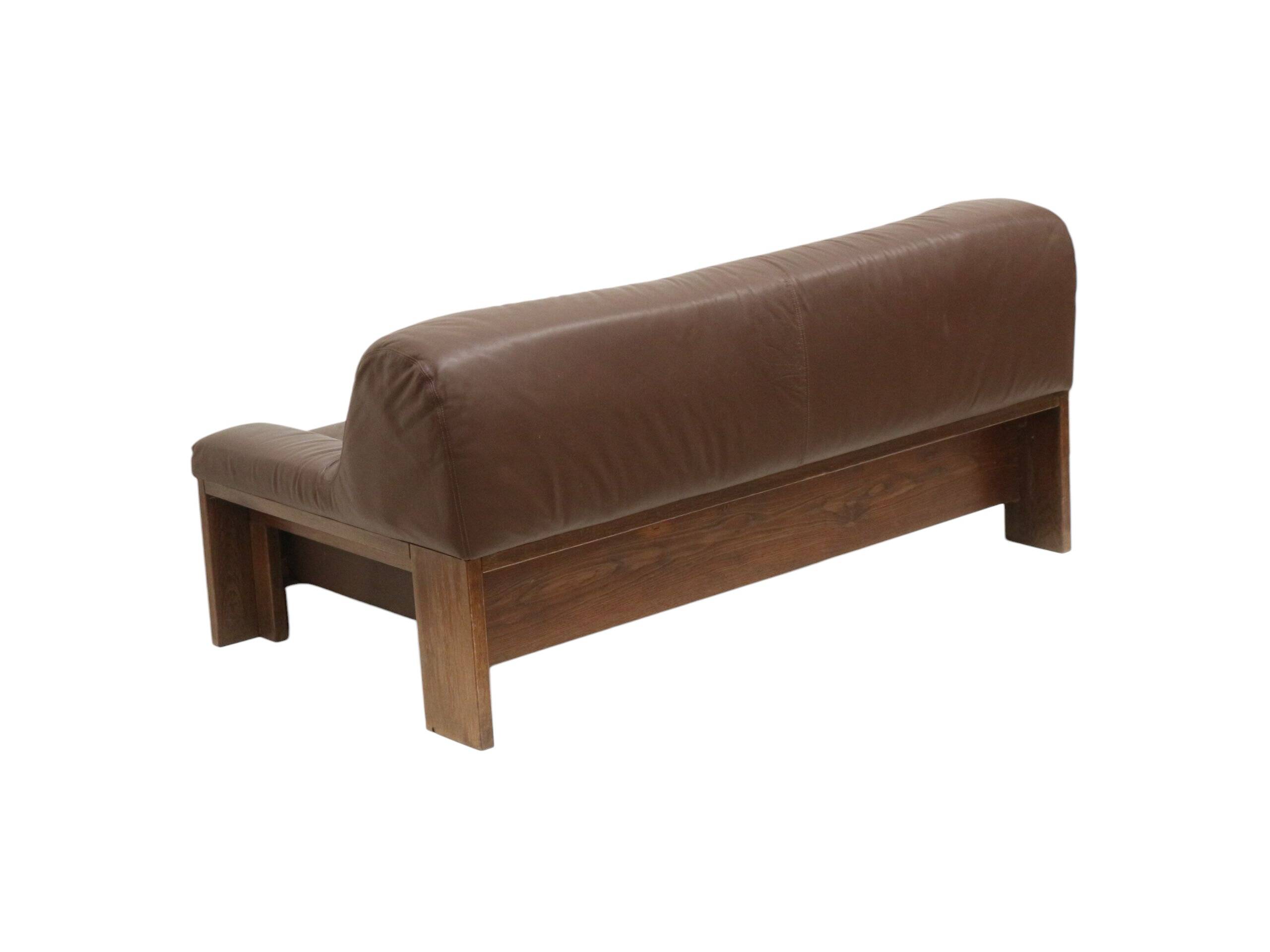 Brutalist 2-seater leather sofa – brown leather with wenge wood frame
