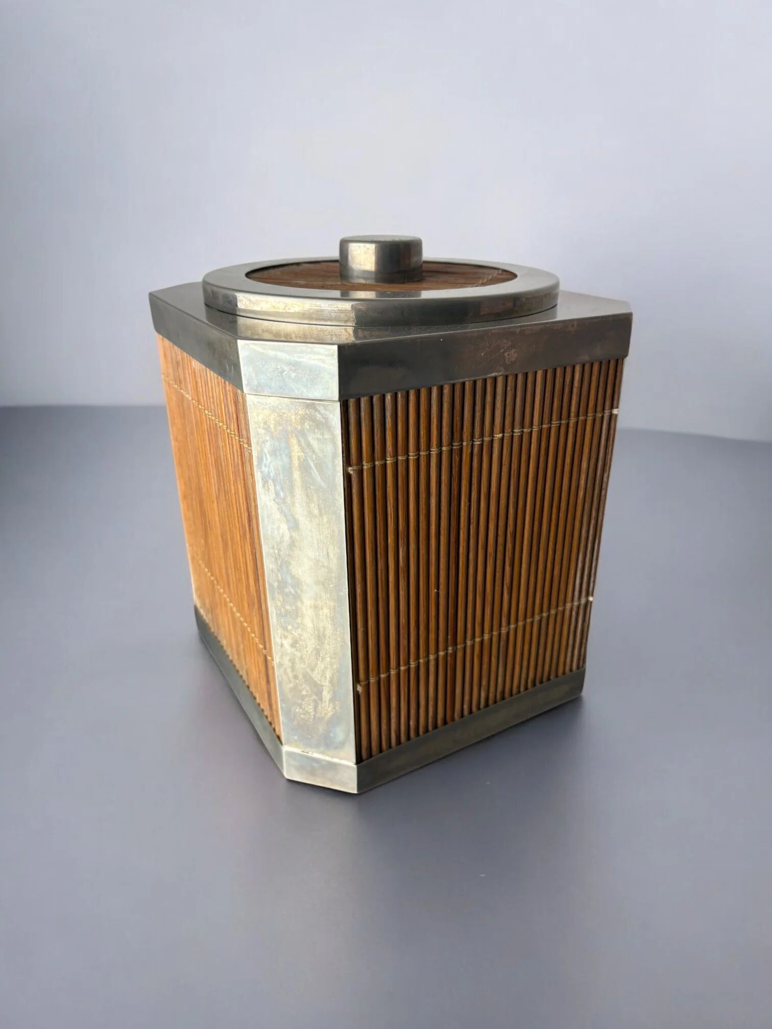 Hollywood Regency rattan ice bucket with tongs, Italy, 1970s