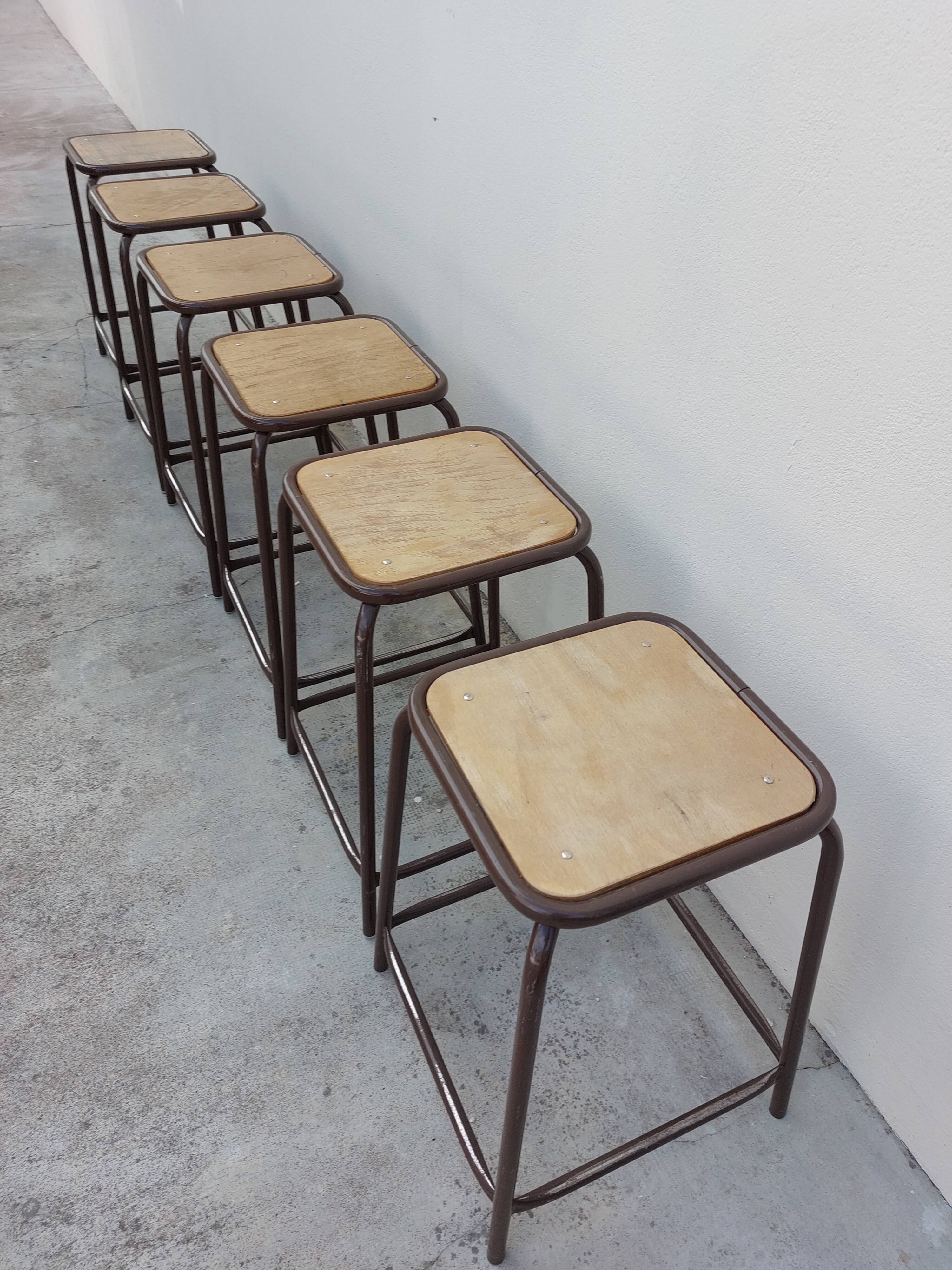 Series of 6 old workshop iron stools 1980