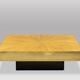 Coffee table in straw marquetry and brass. Contemporary.