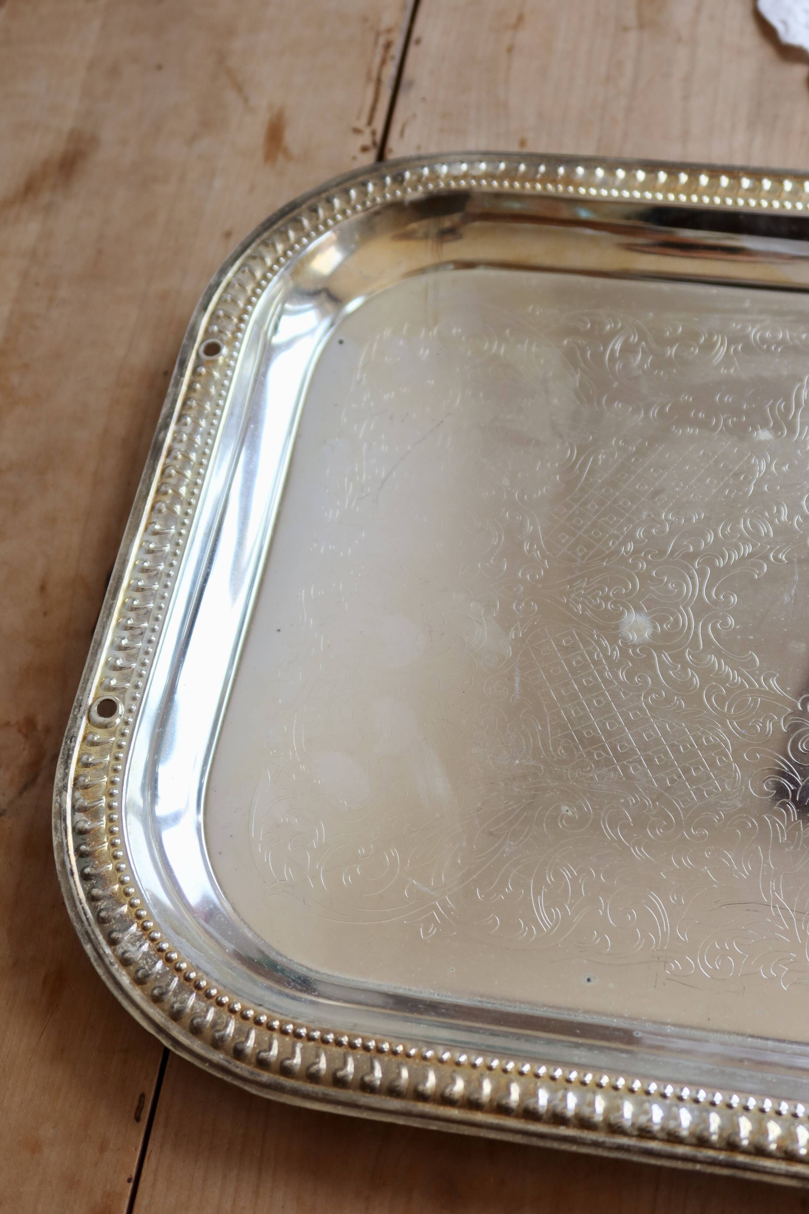 Vintage silver-plated rectangular serving tray – Engraved decoration