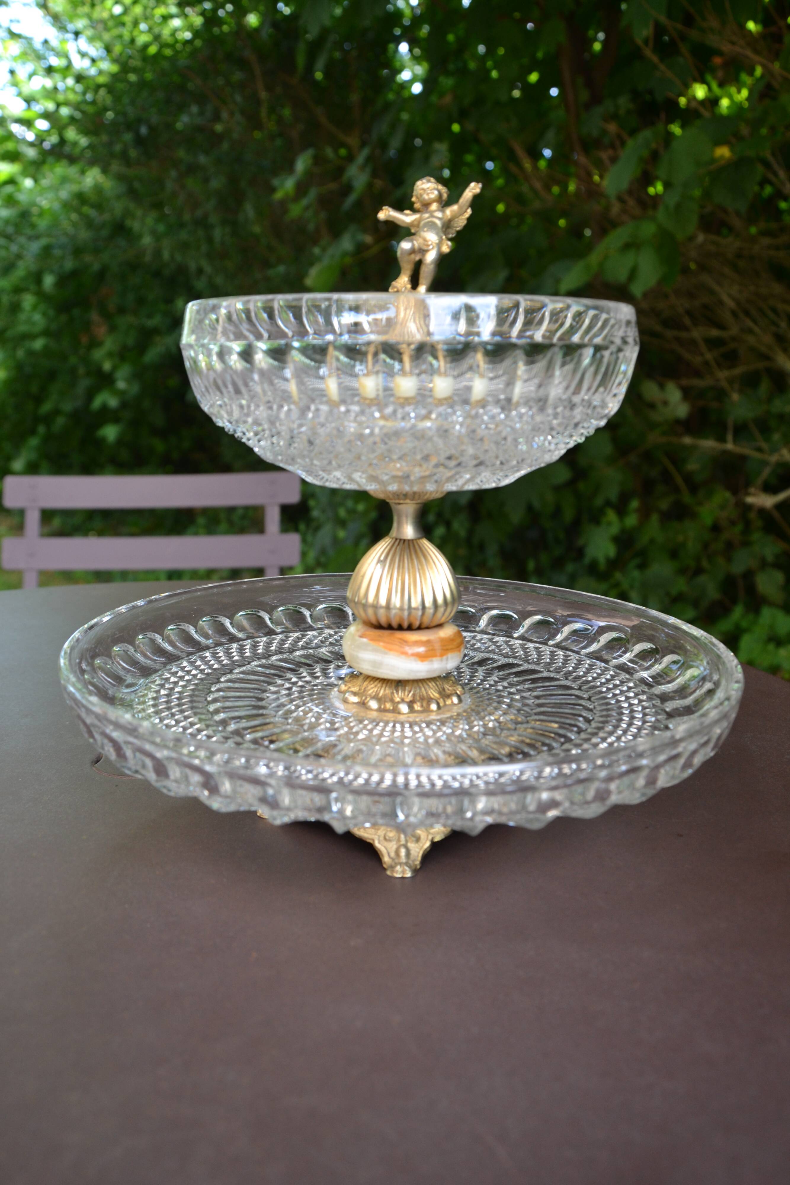 Présentoir, serviteur en cristal, onyx et bronze