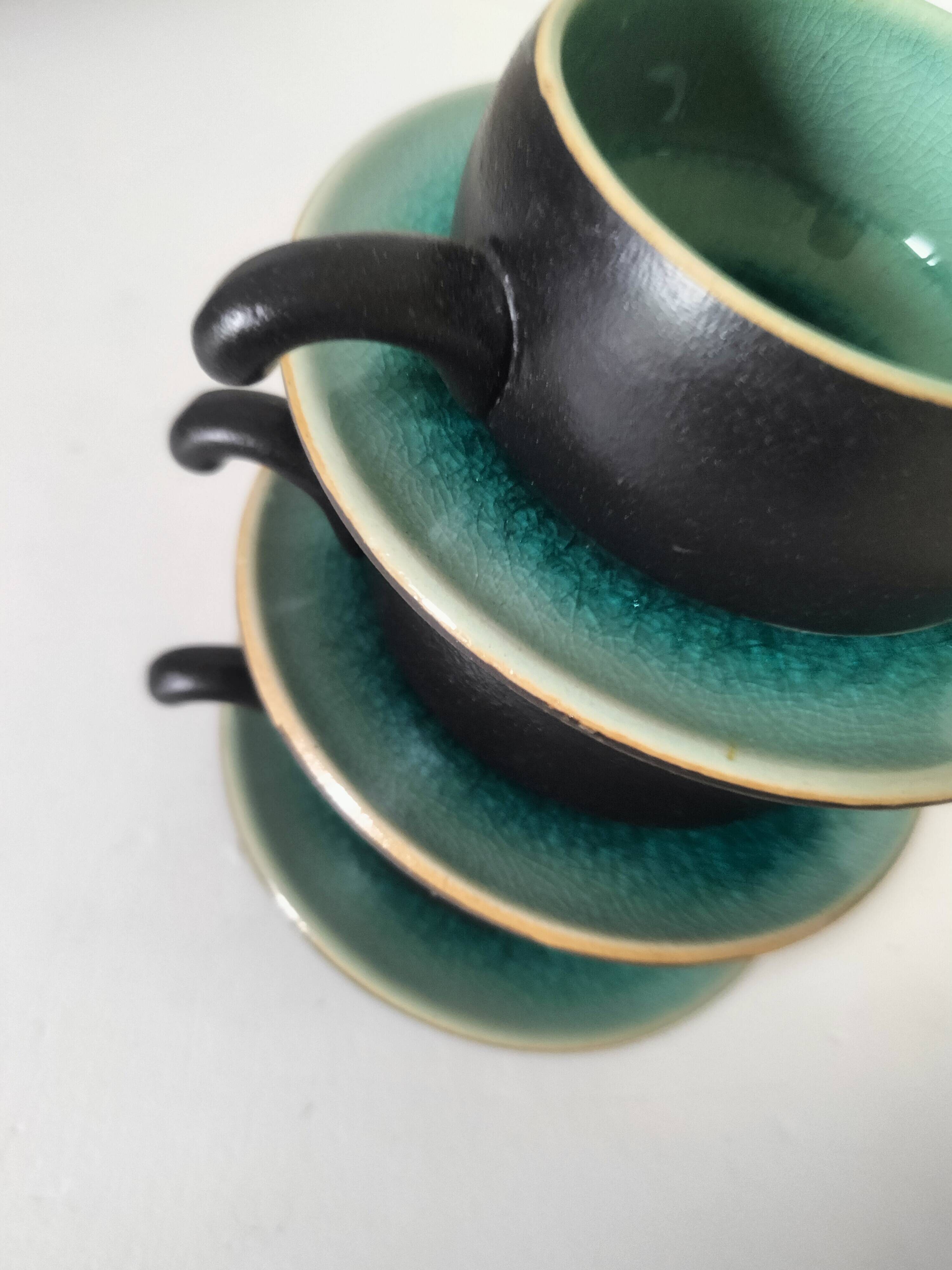 Set of three ceramic cups and saucers – crackled turquoise glaze
