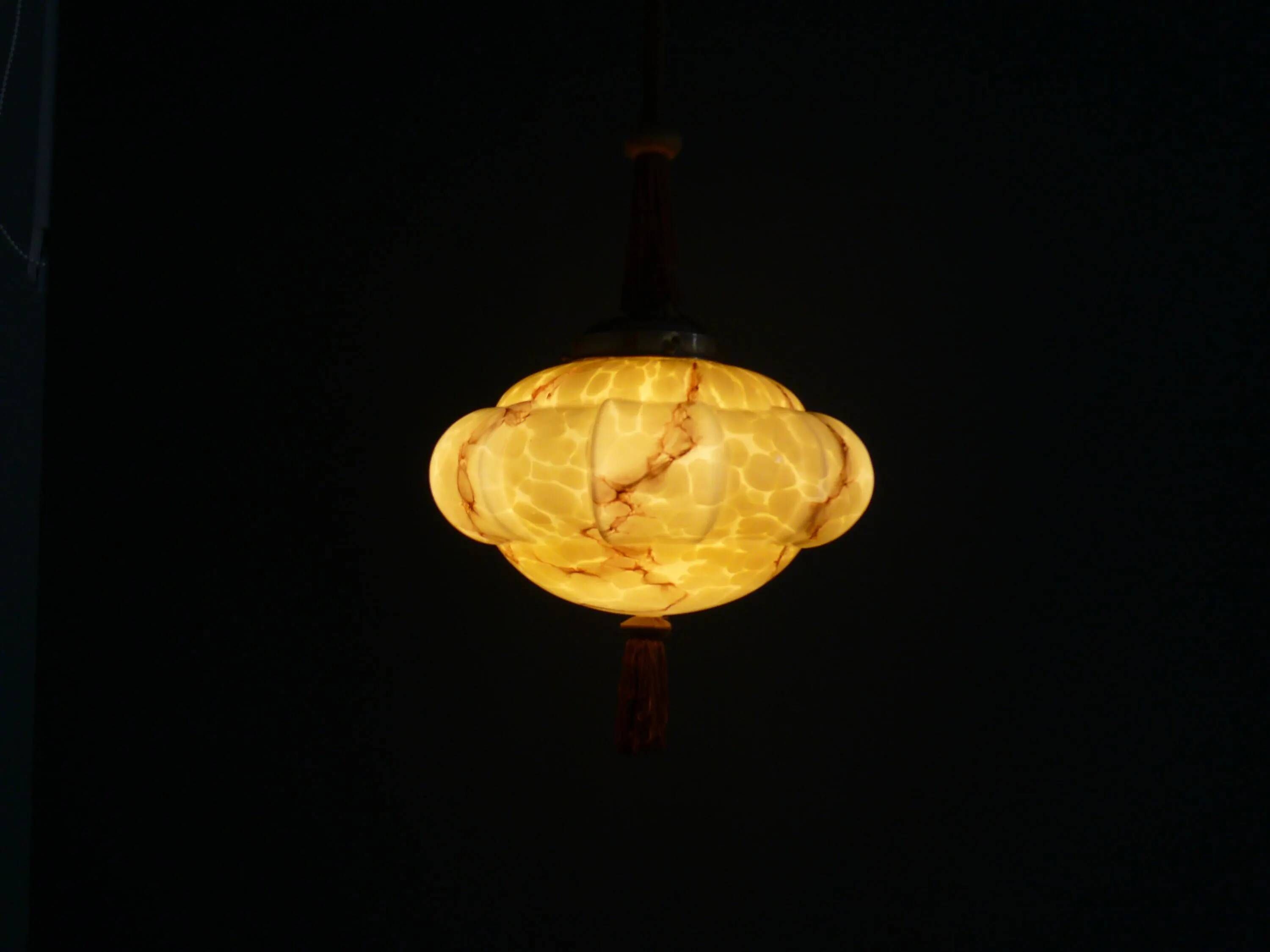 Art Deco Hanging Light with Wrapped Stem, Marble Effect, Metal and Brass - 1930s