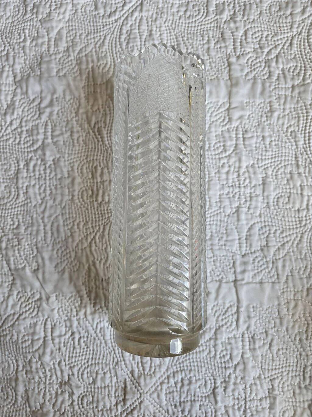 Antique cut crystal vase with a scalloped edge, decorated with palmettes.