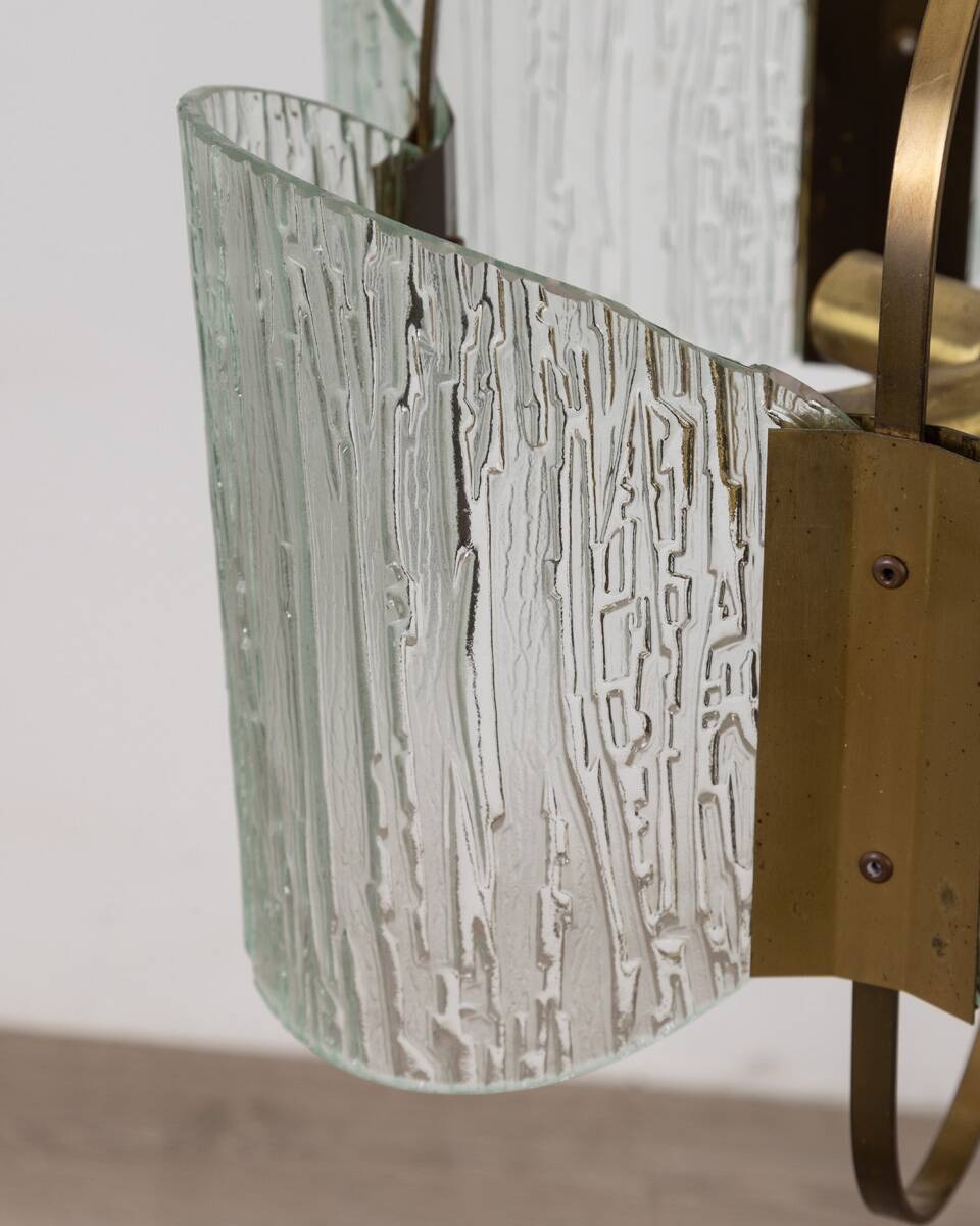 Vintage 60's chandelier in brass and worked glass italian design