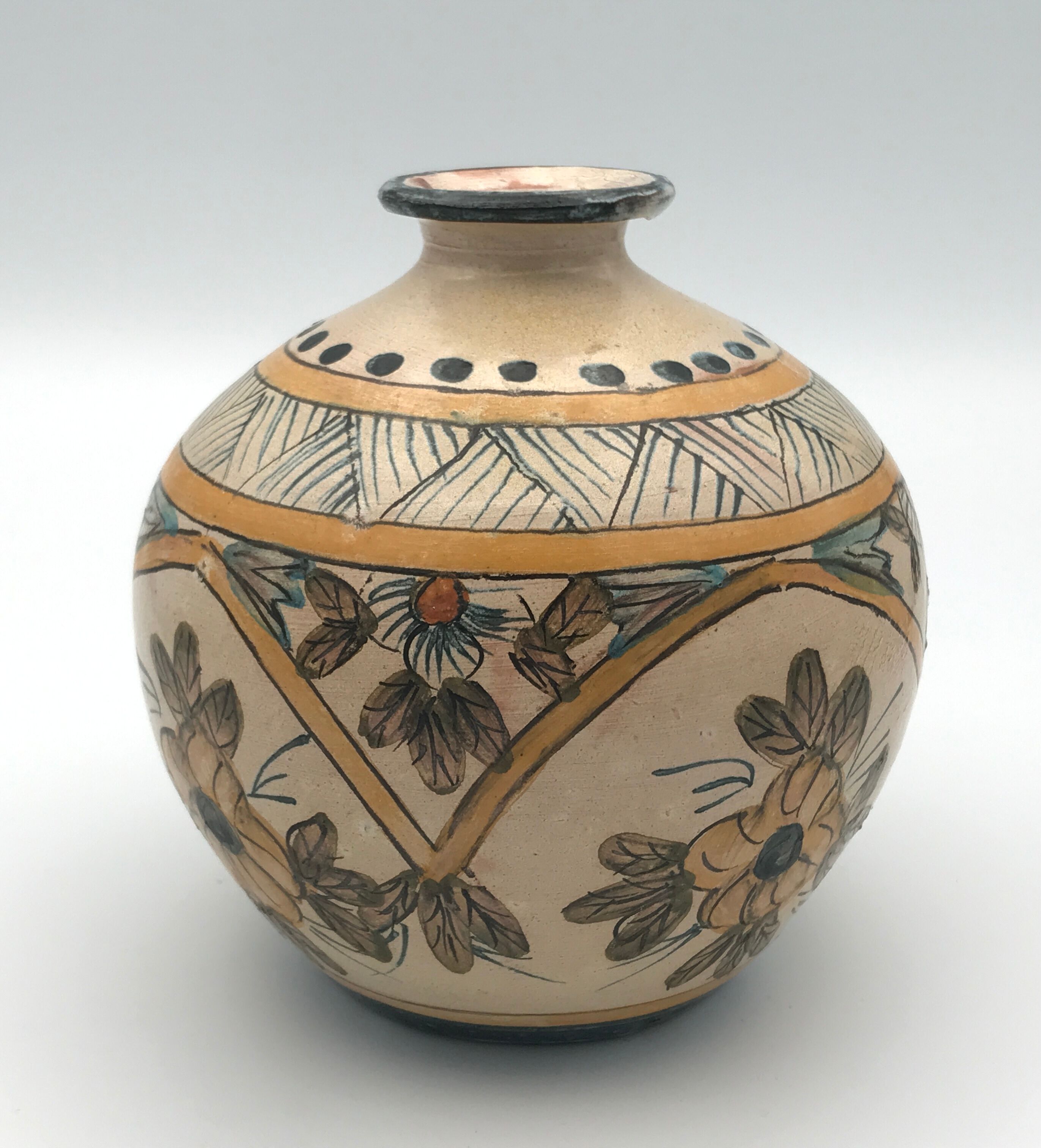 Vintage vase shaped terracotta ball with handheld paint decoration polychrome signed