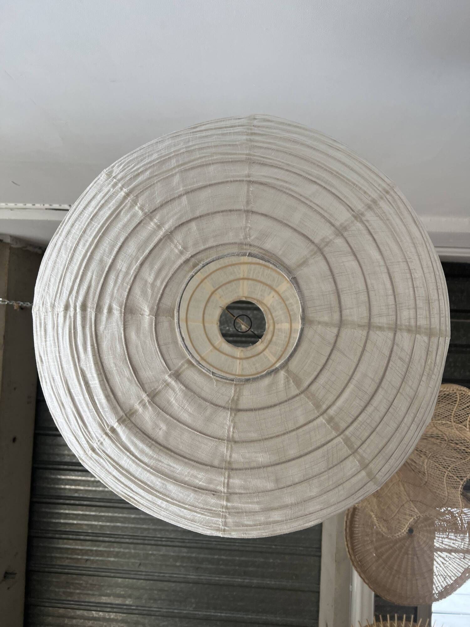 Hanging lamp in rattan and round japanese natural linen d:50