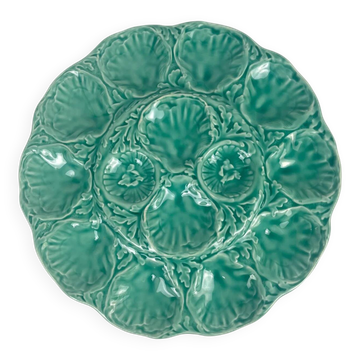 Large oyster plate Gien, slipware, turquoise, 1960-70